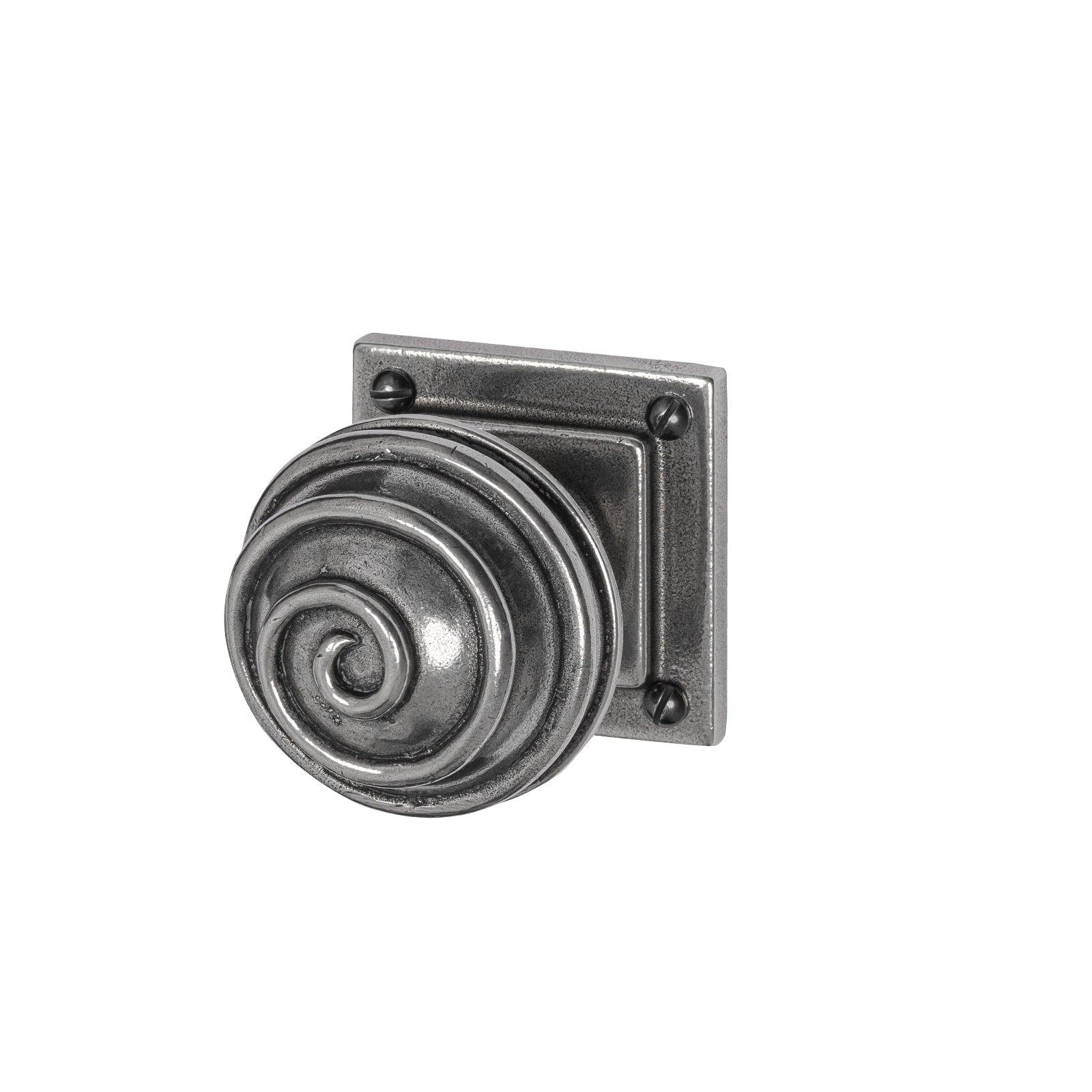 Swirl Pewter Door Knobs On Square Rose