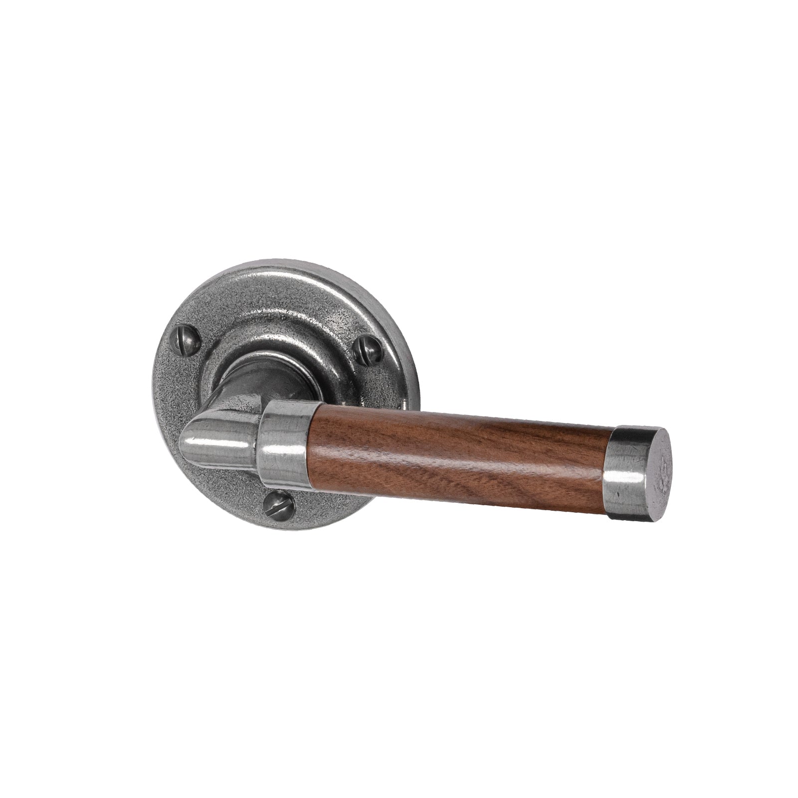 pewter door handles, Finesse pewter, pewter and walnut handles, lever on rose door handles