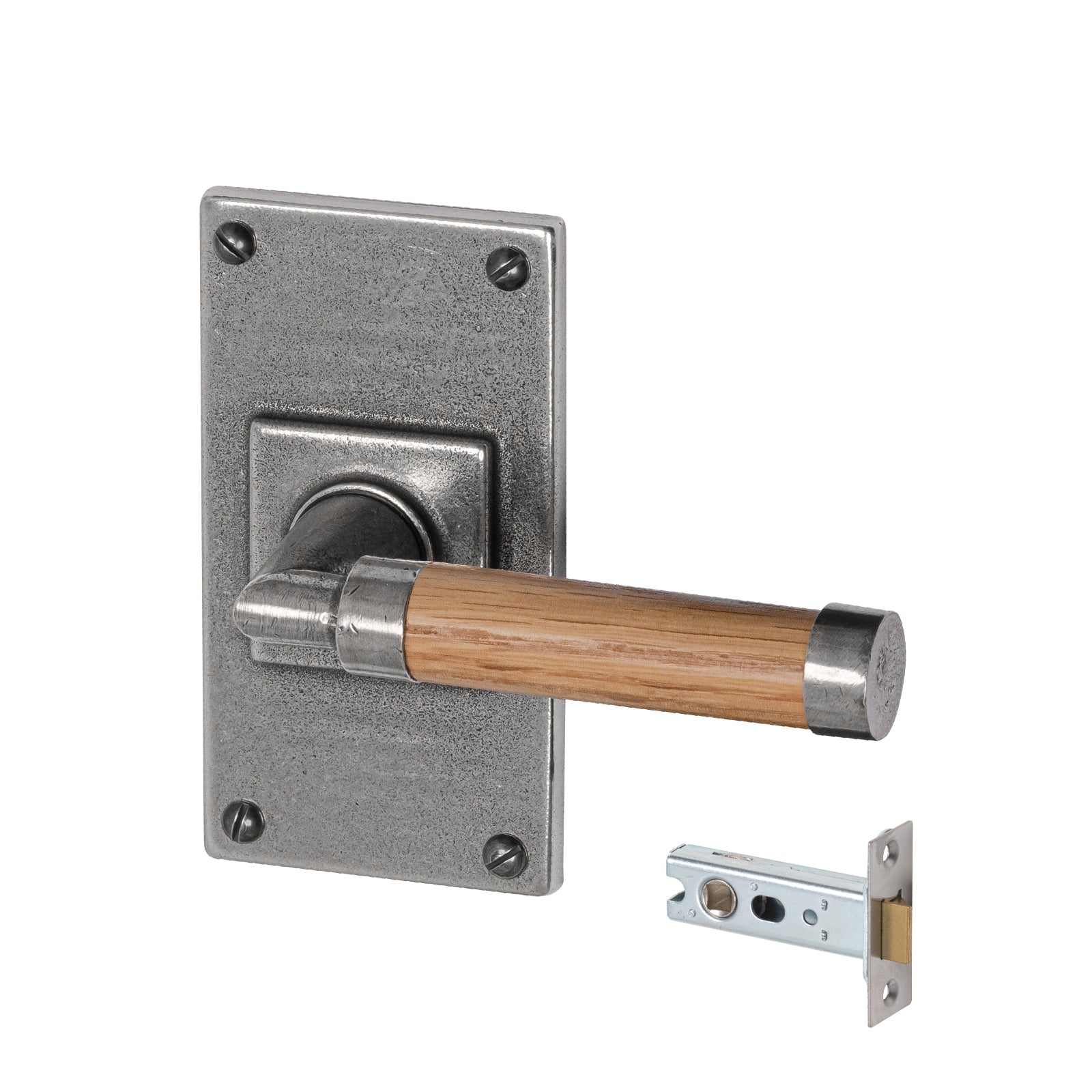 pewter door handles, latch handles, Finesse pewter, Jesmond backplate, pewter and oak handles, lever on backplate door handles