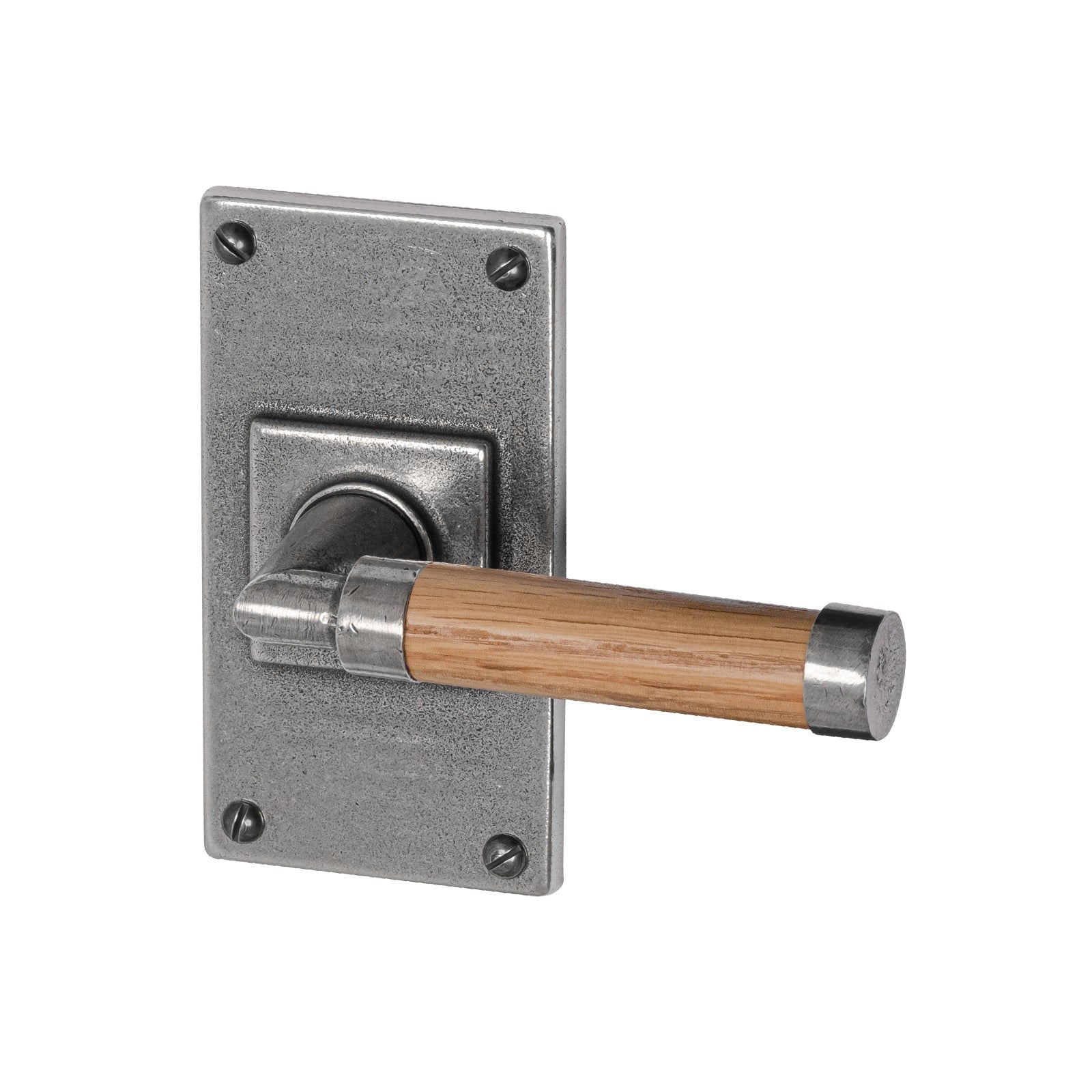 pewter door handles, latch handles, Finesse pewter, Jesmond backplate, pewter and oak handles, lever on backplate door handles