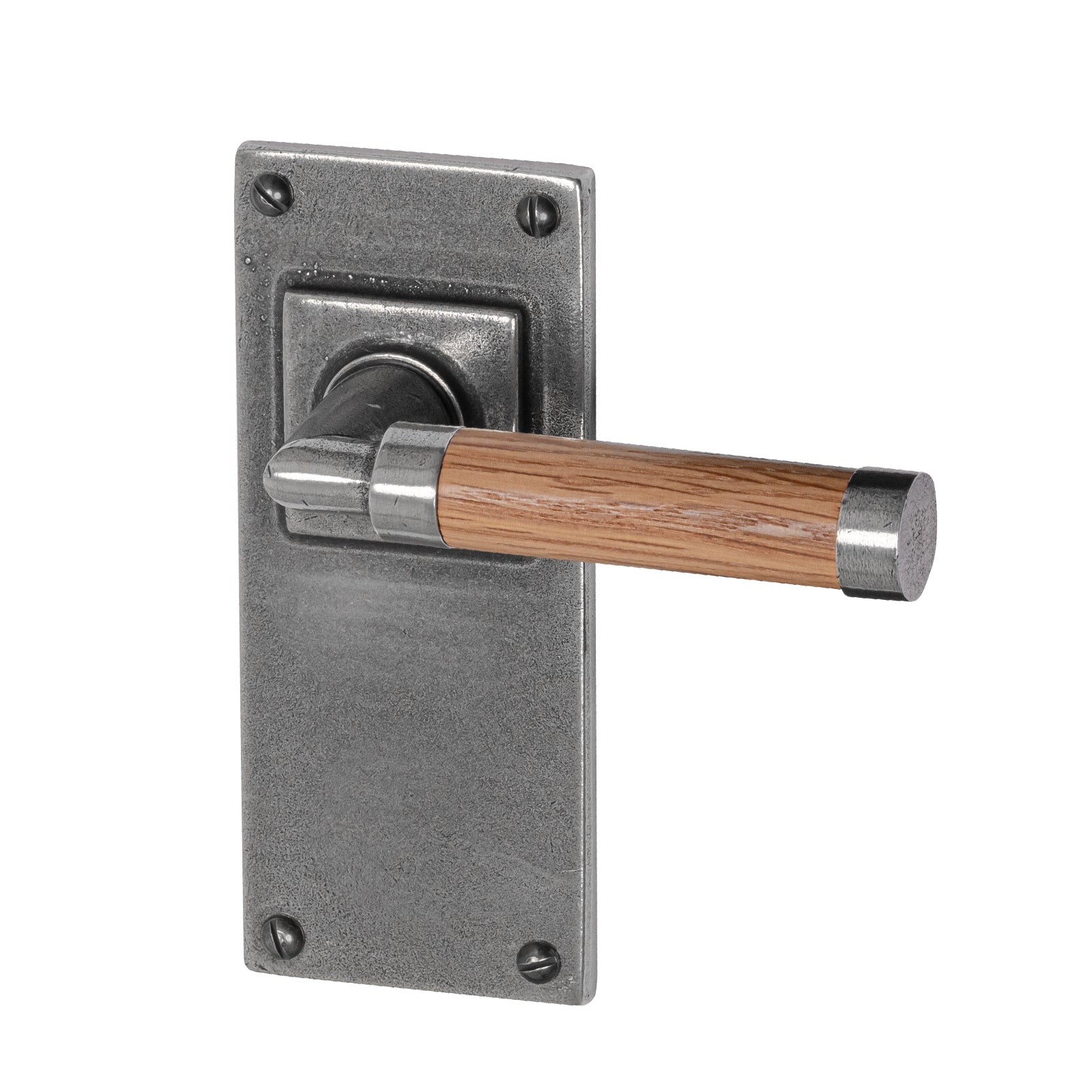 pewter door handles, latch handles, Finesse pewter, Jesmond backplate, pewter and oak handles, lever on backplate door handles