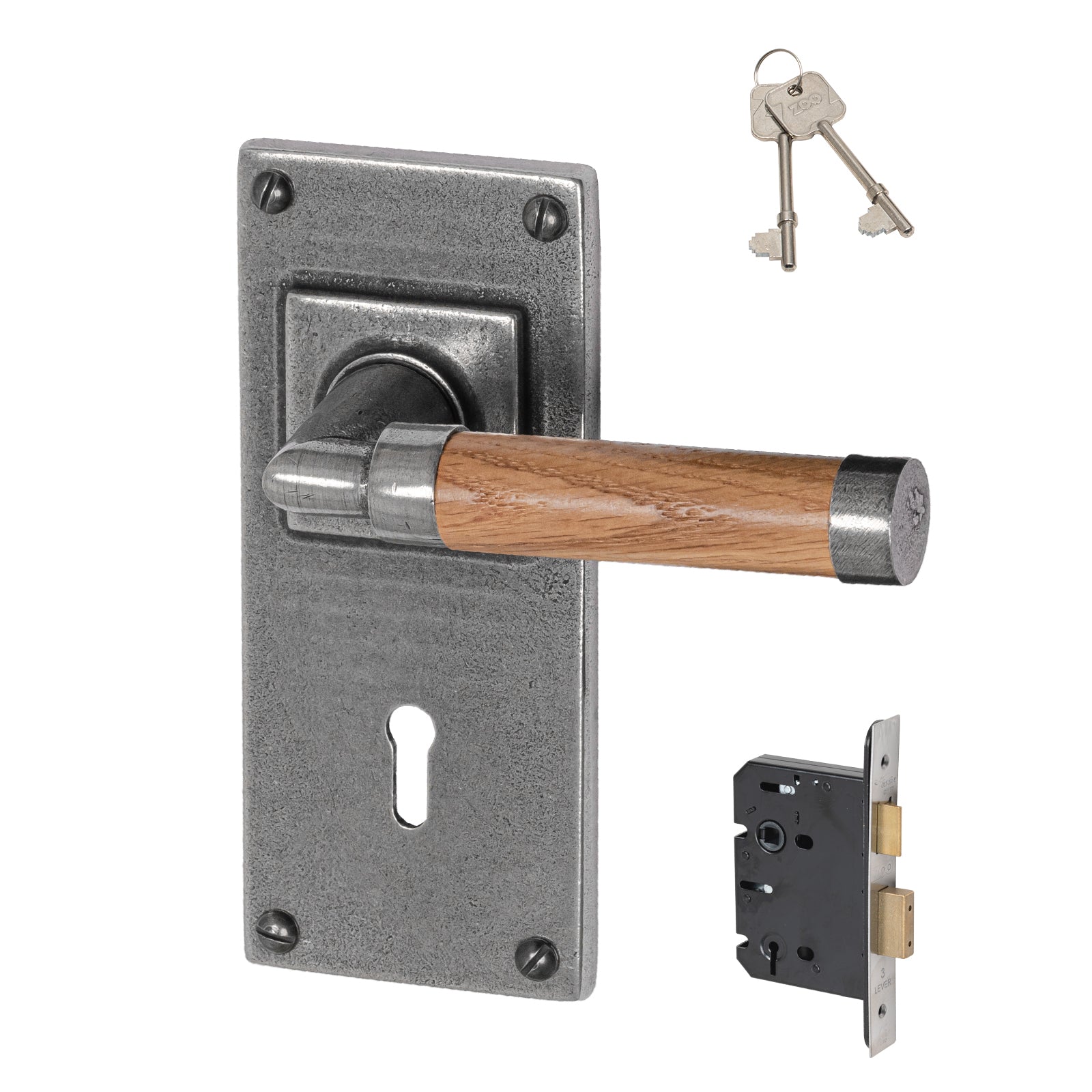 pewter door handles, latch handles, Finesse pewter, Jesmond backplate, pewter and oak handles, lever on backplate door handles