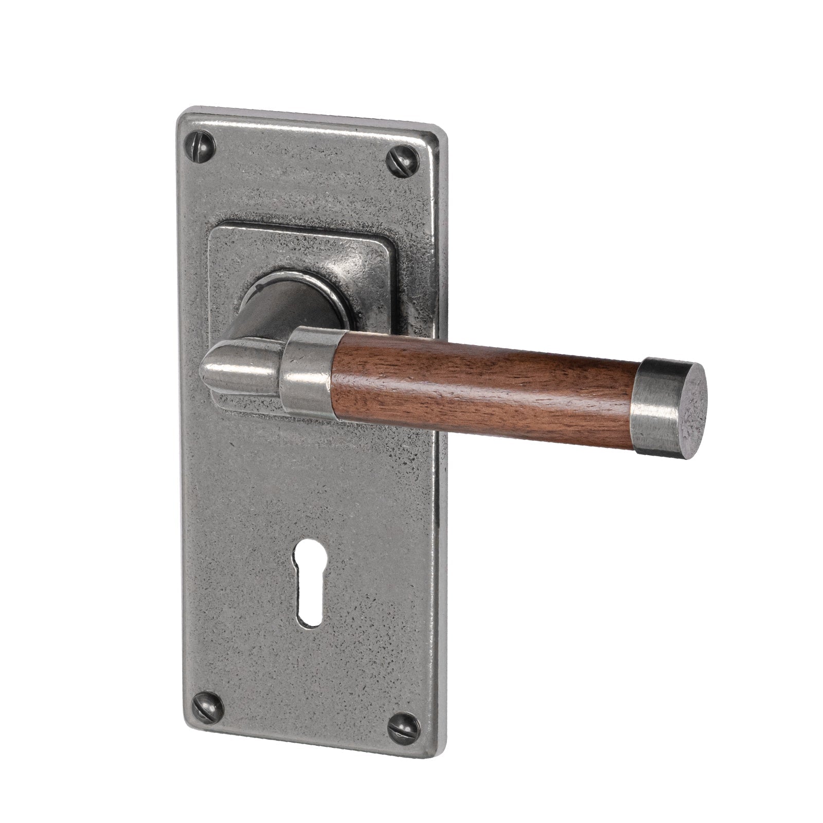 pewter door handles, latch handles, Finesse pewter, Jesmond backplate, pewter and walnut handles, lever on backplate door handles