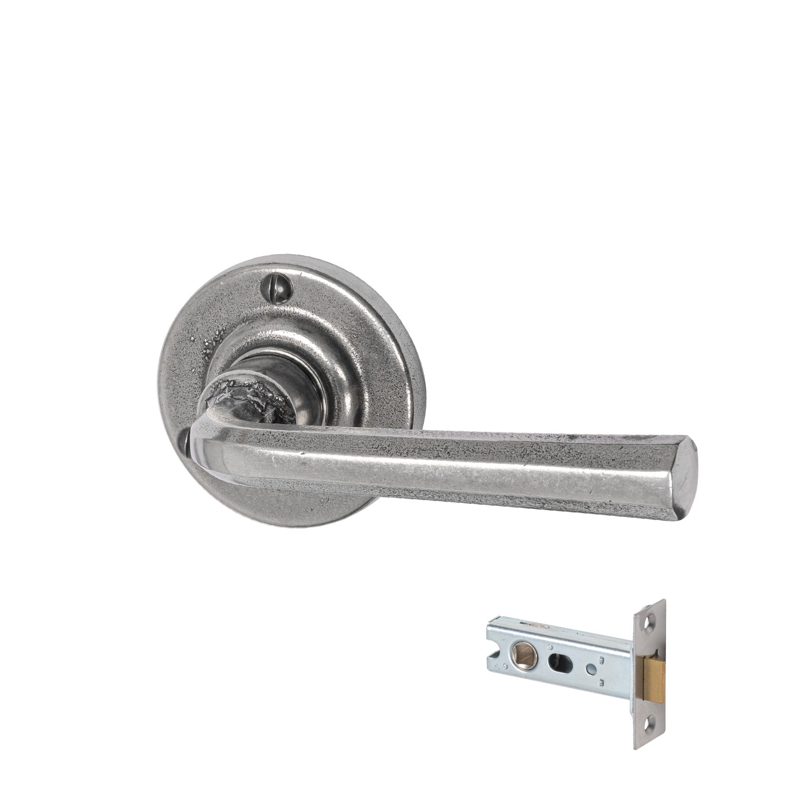 Tunstall Pewter Door Handles On Rose latch set