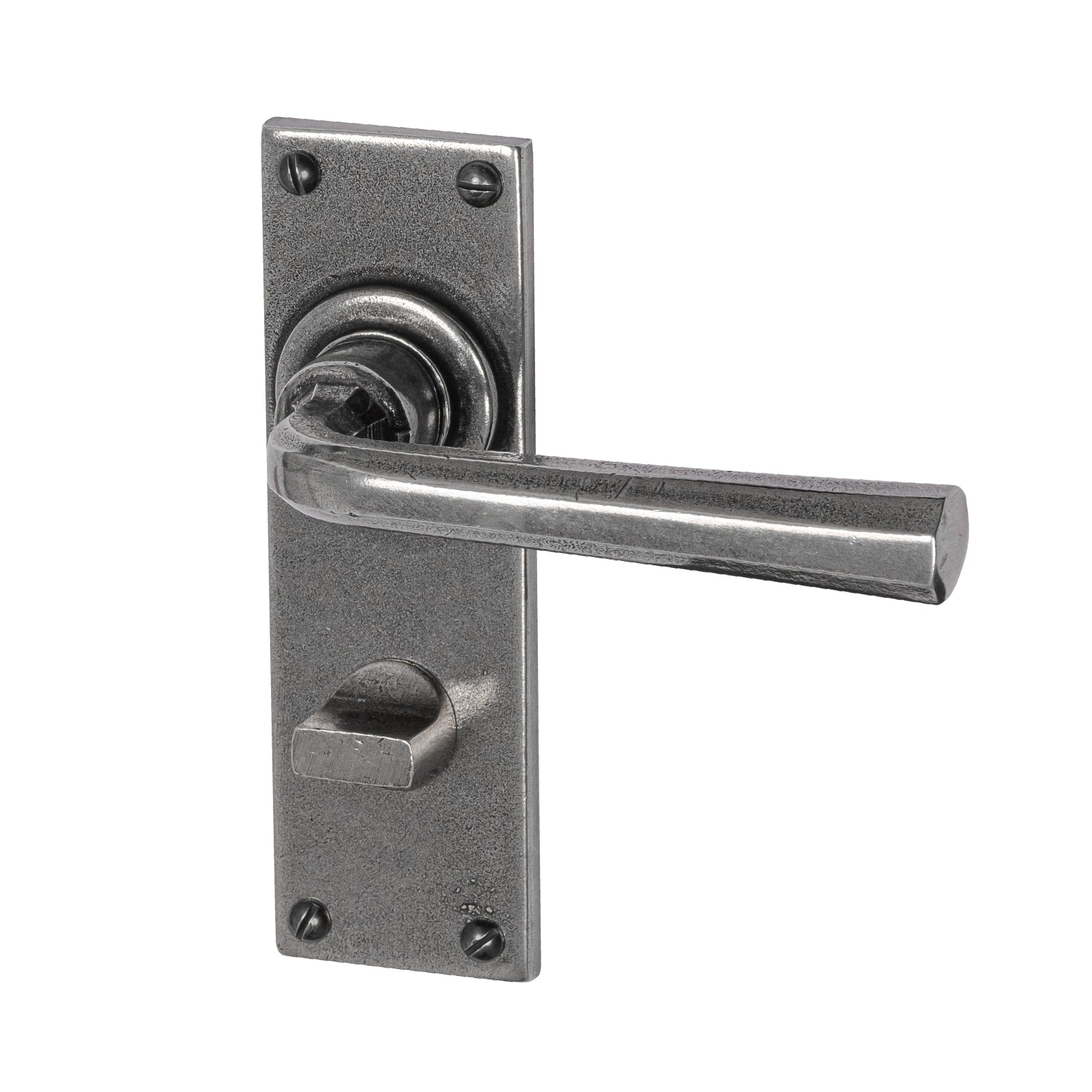 Tunstall Pewter Door Handles On Narrow Backplate bathroom