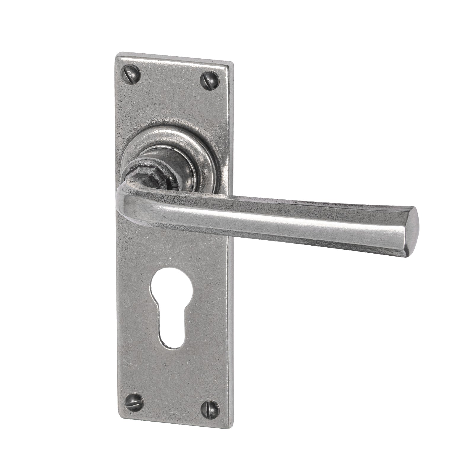 Tunstall Pewter Door Handles On Narrow Backplate euro profile