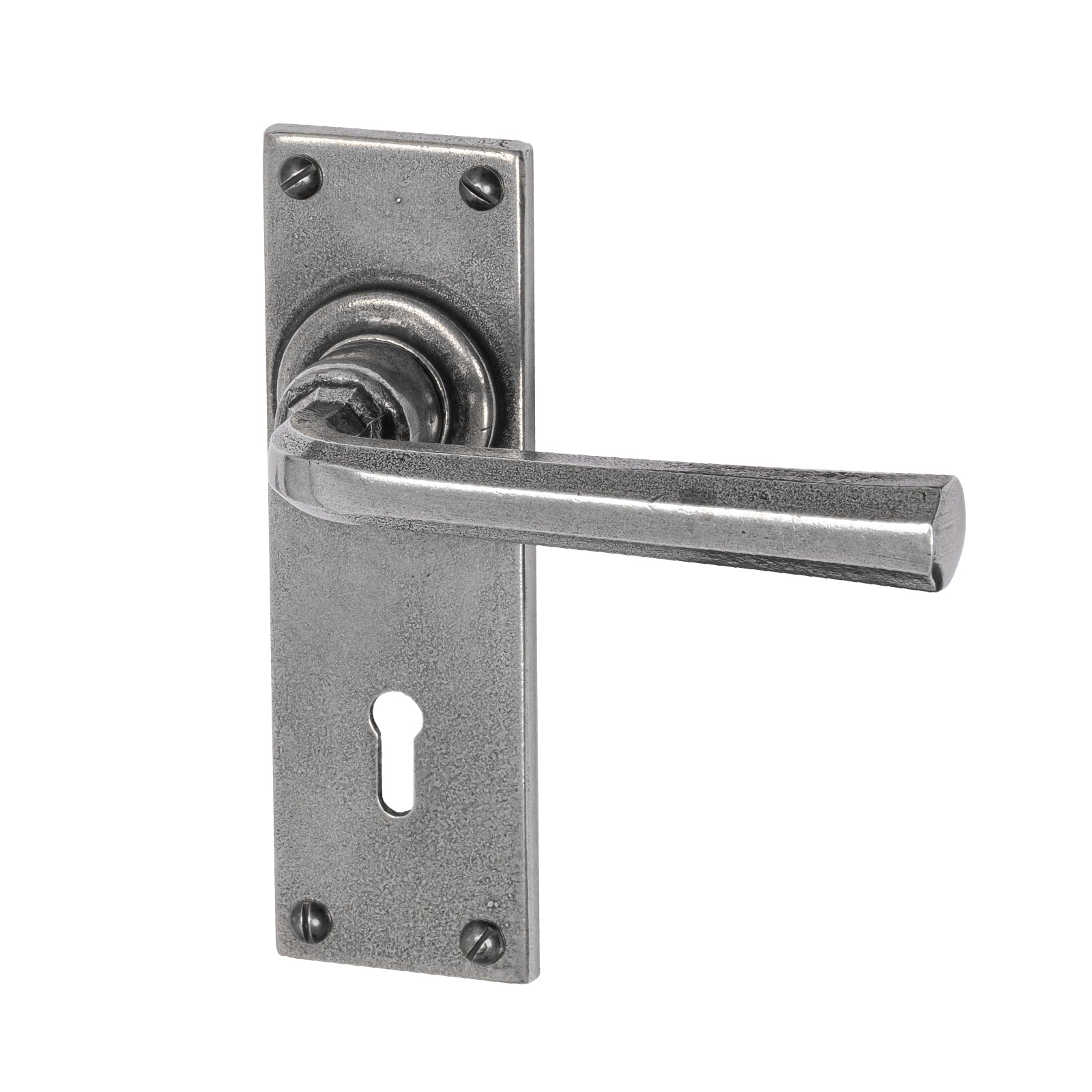 Tunstall Pewter Door Handles On Narrow Backplate lock