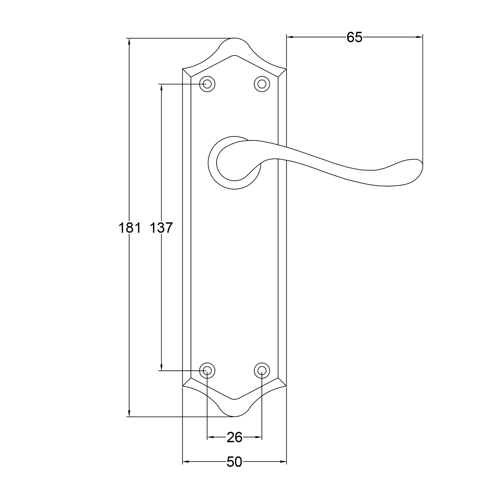 Buckingham Door Handles on Backplate Dimension Drawing SHOW