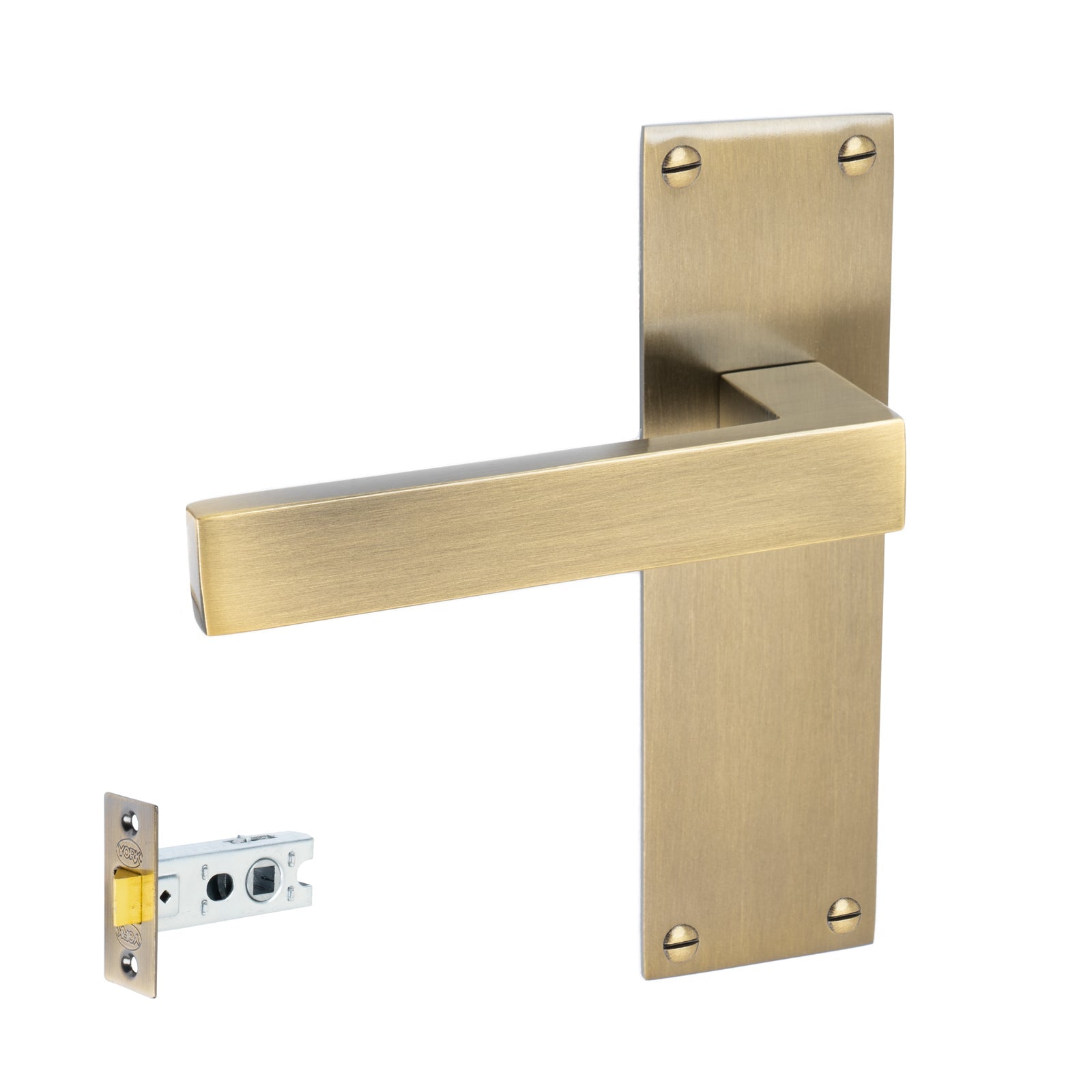 Metro Door Handles On Plate Latch Handle Set in Aged Brass