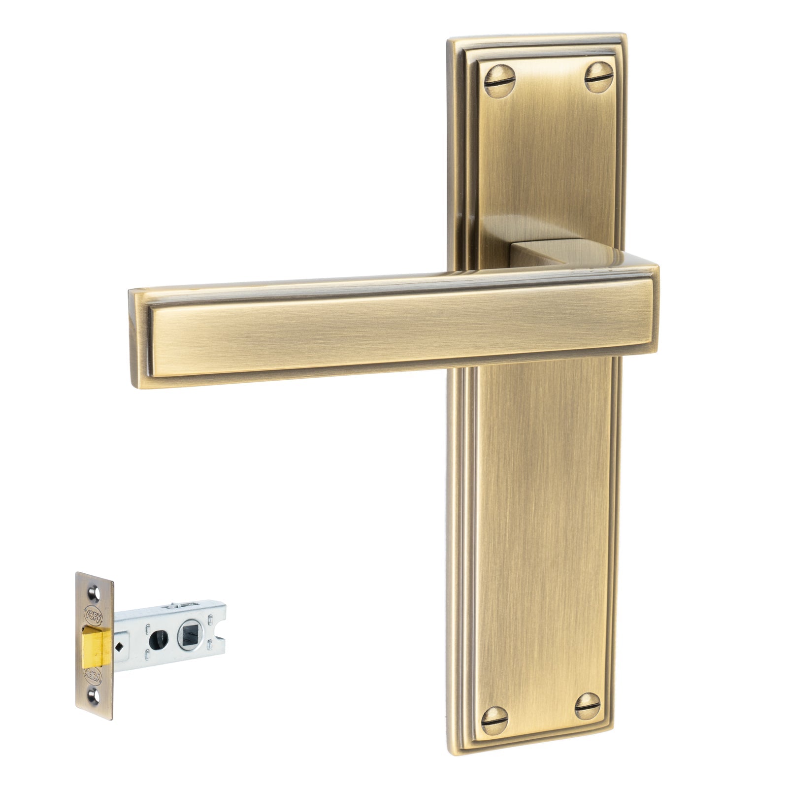 Atlantis Door Handles On Plate Latch Handle Set in Aged Brass