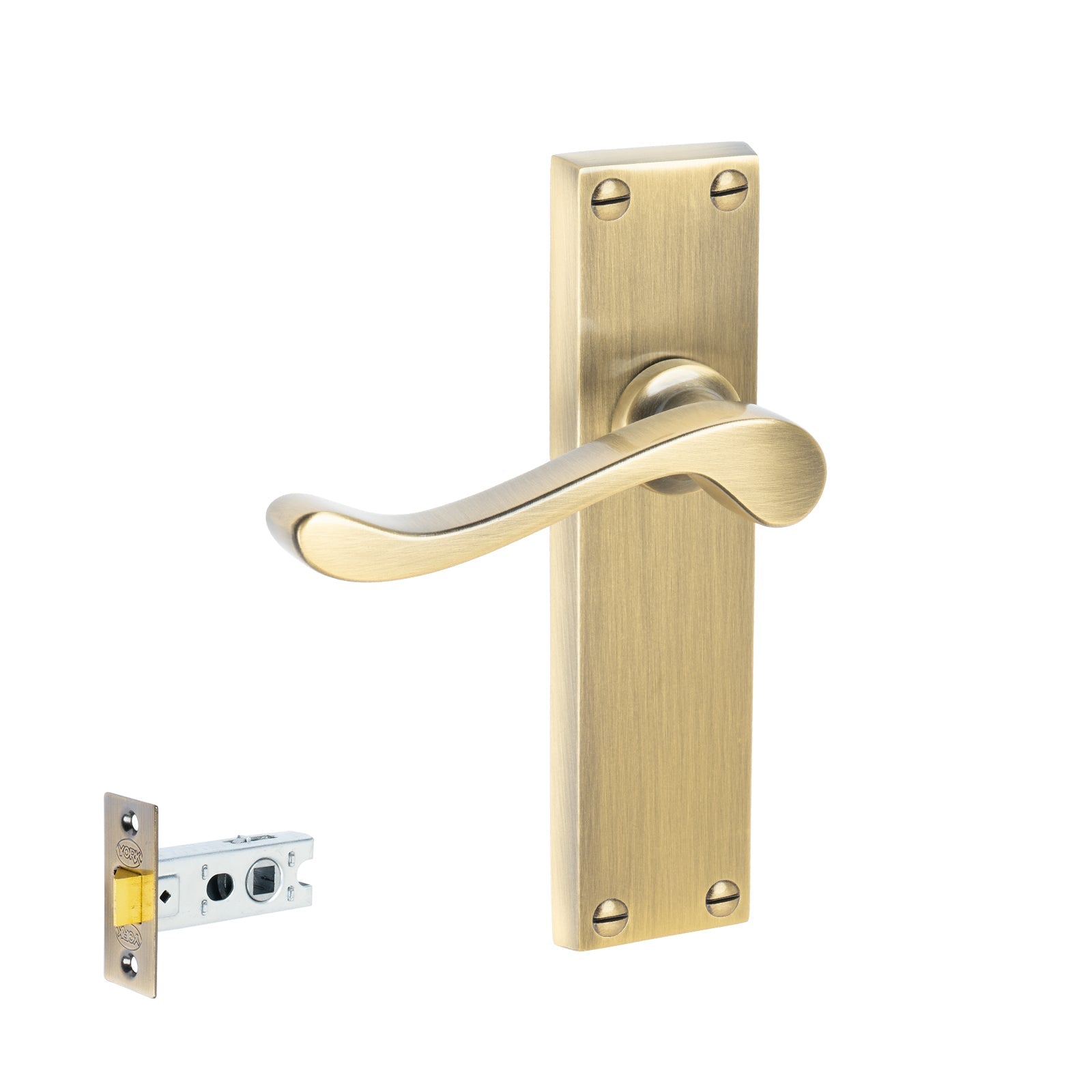 Bedford Door Handles On Plate Latch Handle Set in Aged Brass