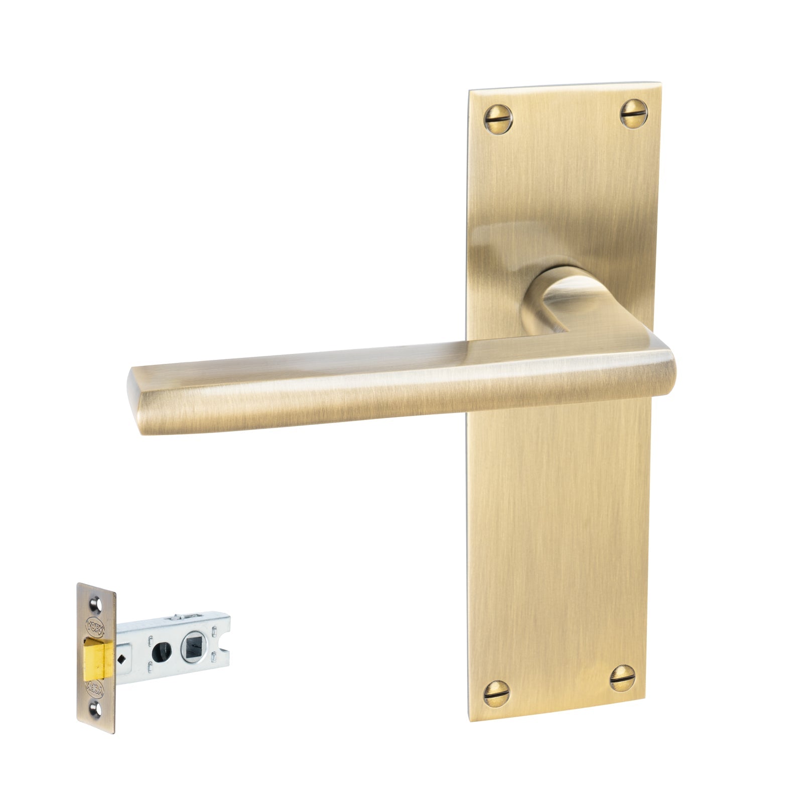 Trident Door Handles On Plate Latch Handle Set in Aged Brass