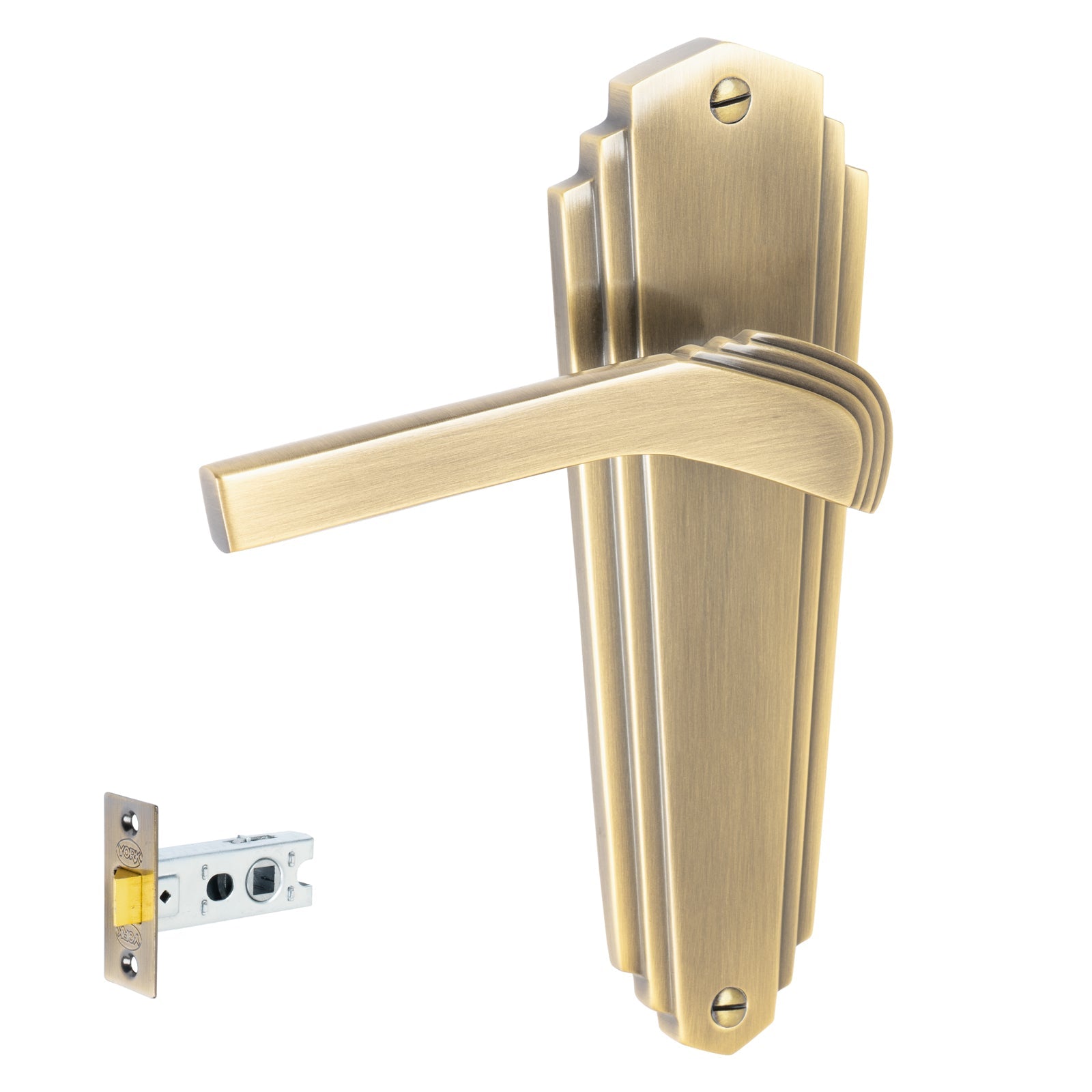 Waldorf Door Handles On Plate Latch Handle Set in Aged Brass