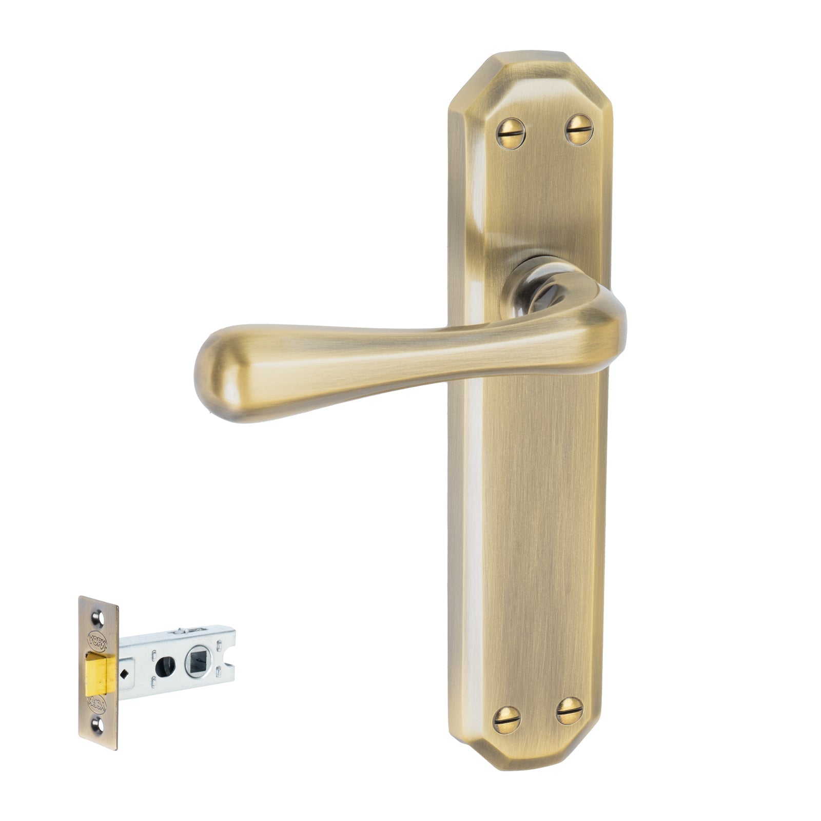 Charlbury Door Handles On Plate Latch Handle Set in Aged Brass