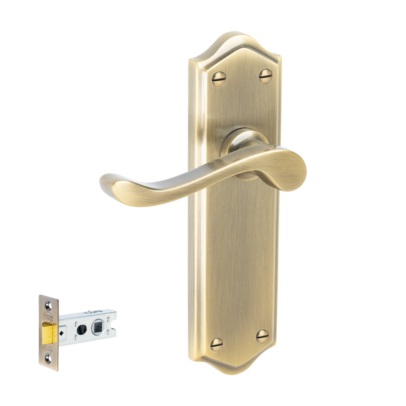 Buckingham Door Handles On Plate Latch Handle Set in Aged Brass