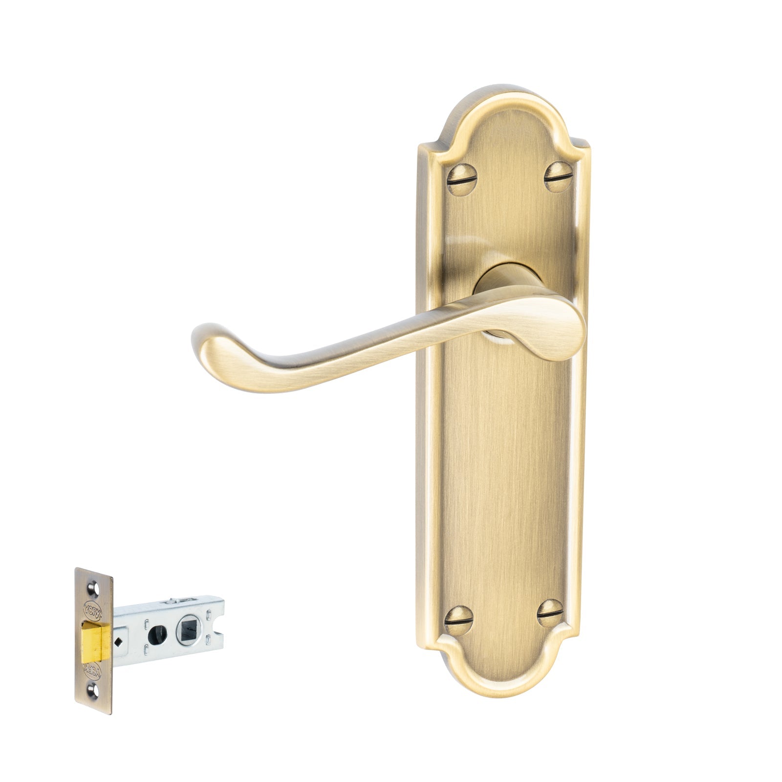 Meridian Door Handles On Plate Latch Handle Set in Aged Brass