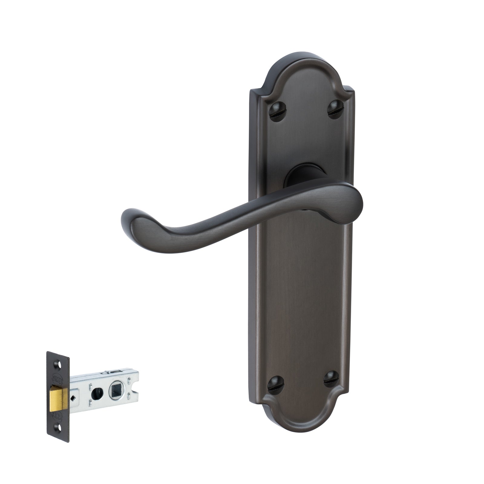 Meridian Door Handles On Plate Latch Handle Set in Matt Bronze