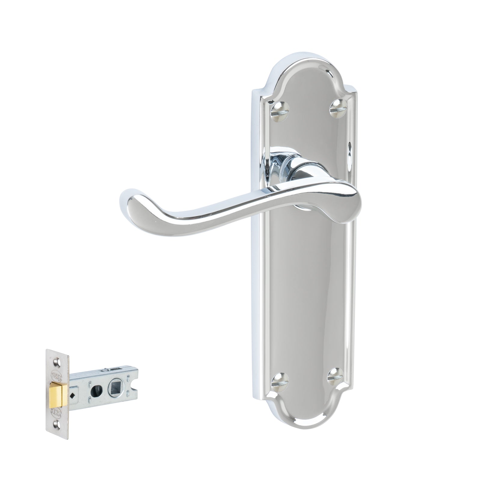 Meridian Door Handles On Plate Latch Handle Set in Polished Chrome