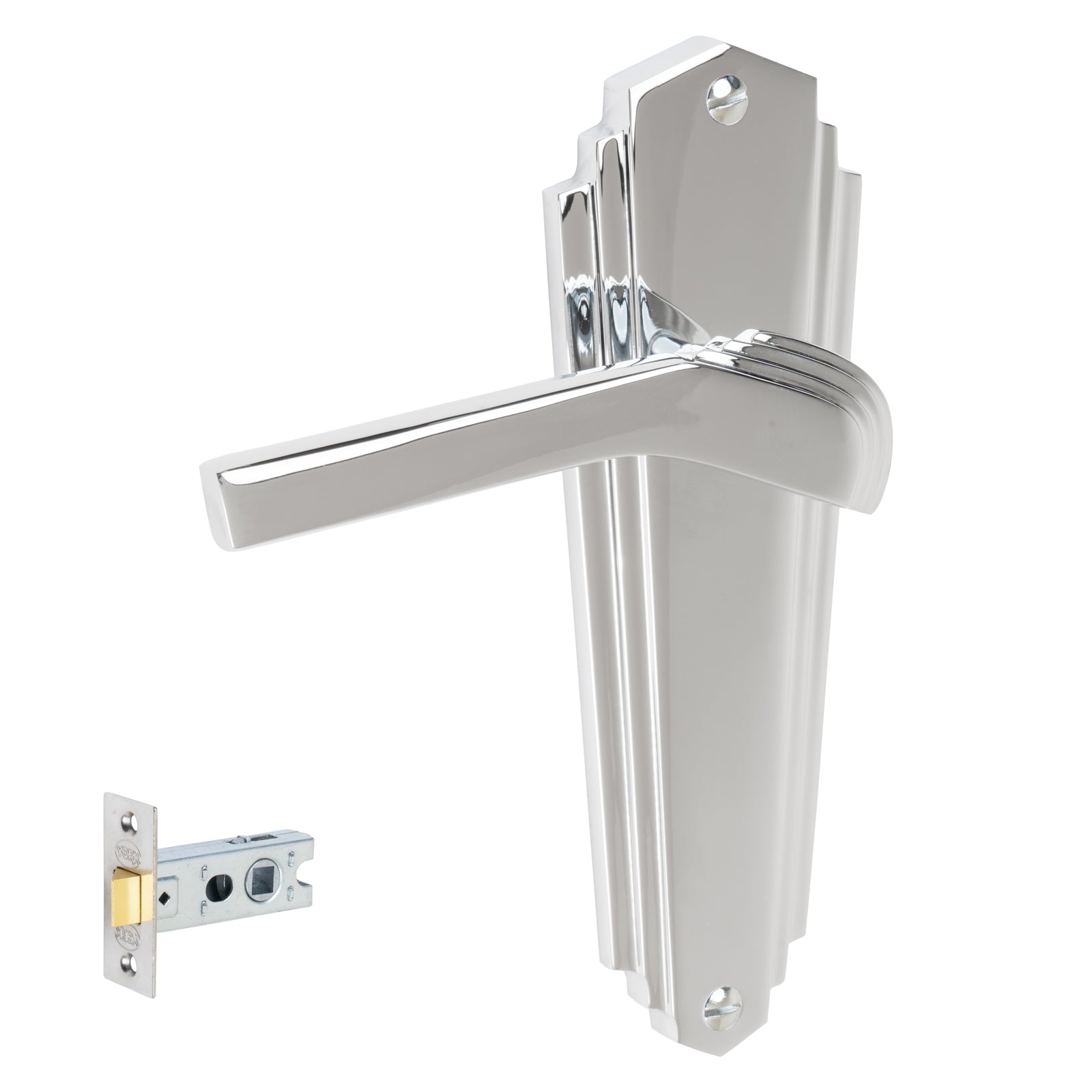 Waldorf Door Handles On Plate Latch Handle Set in Polished Chrome