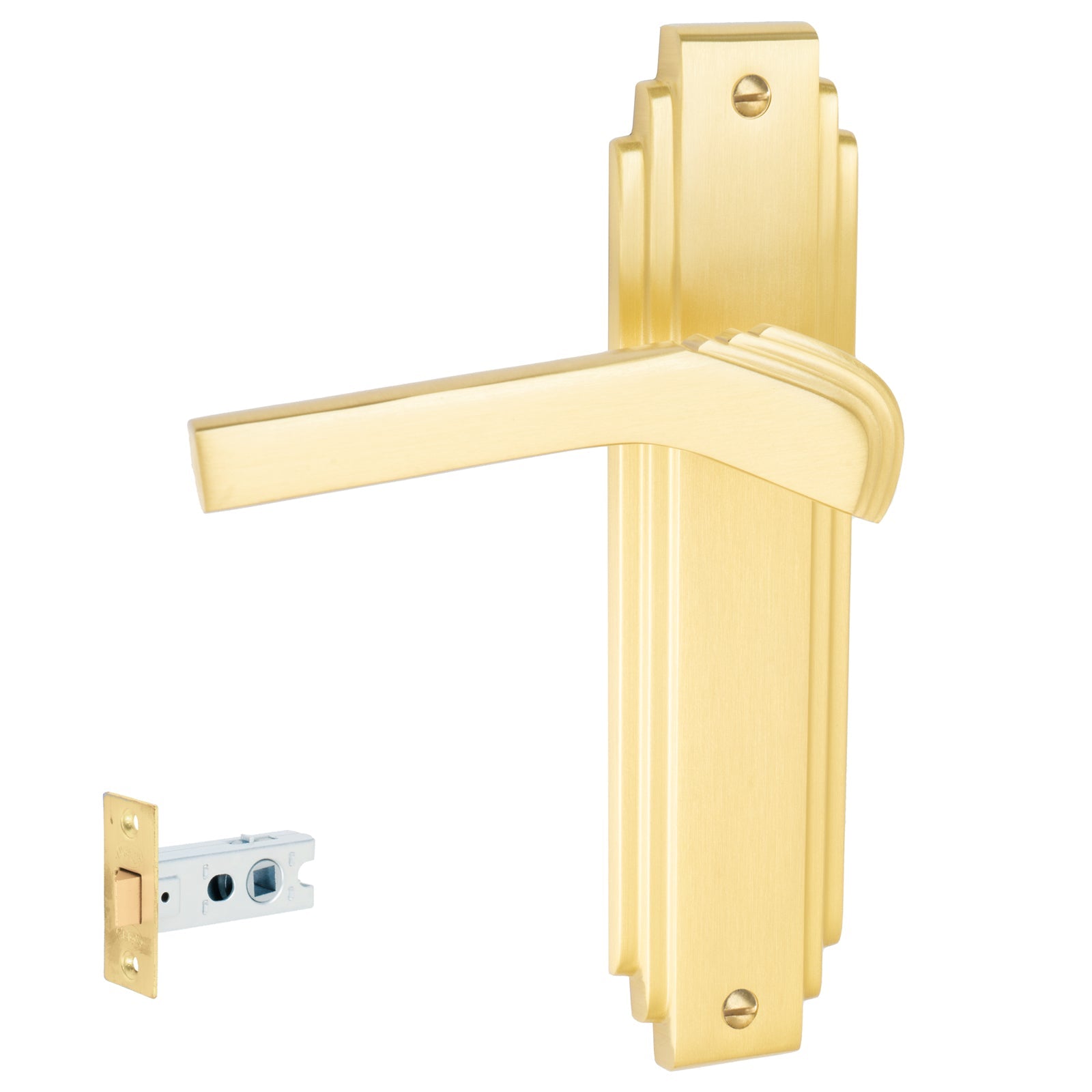 Tiffany Door Handles On Plate Latch Handle Set in Satin Brass