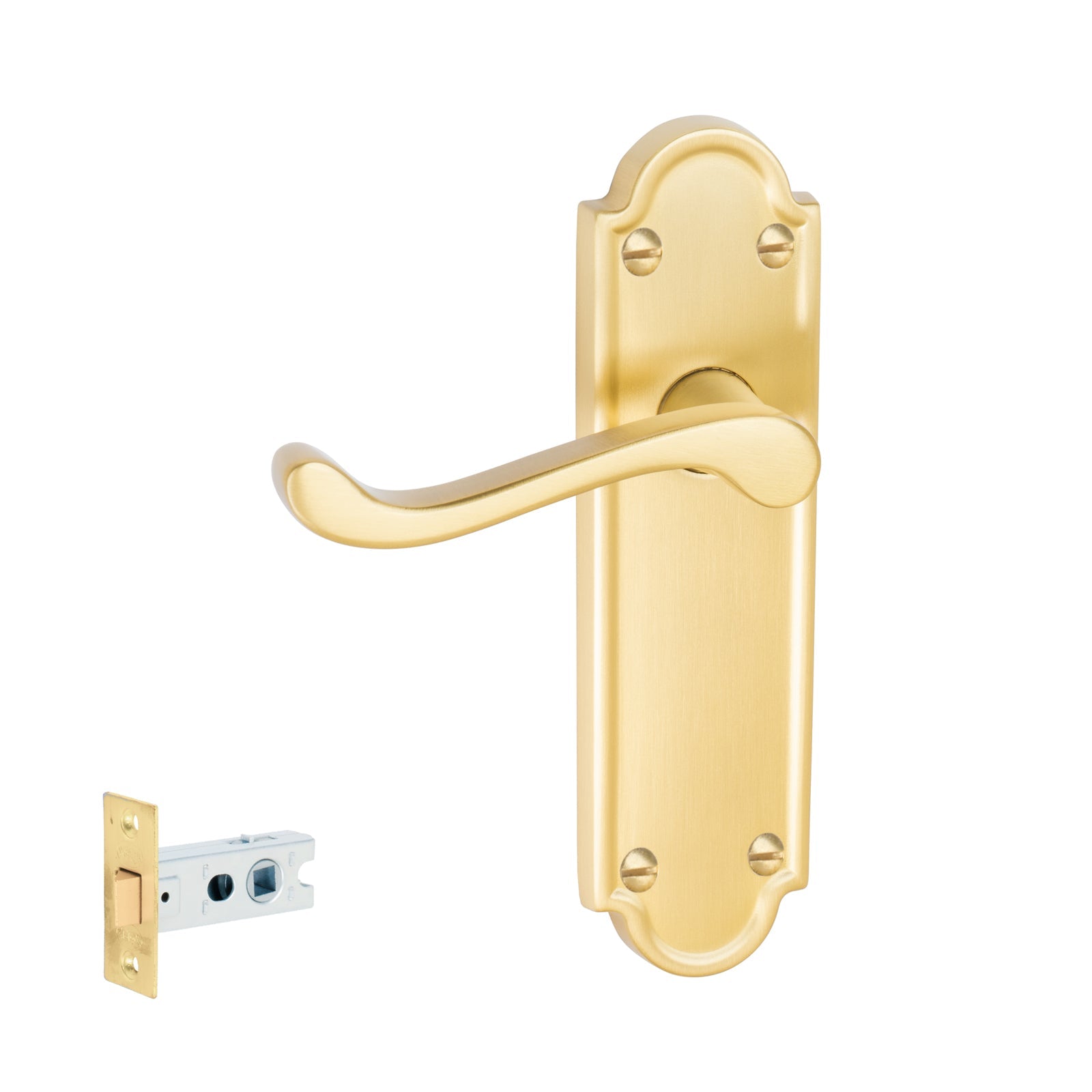 Meridian Door Handles On Plate Latch Handle Set in Satin Brass