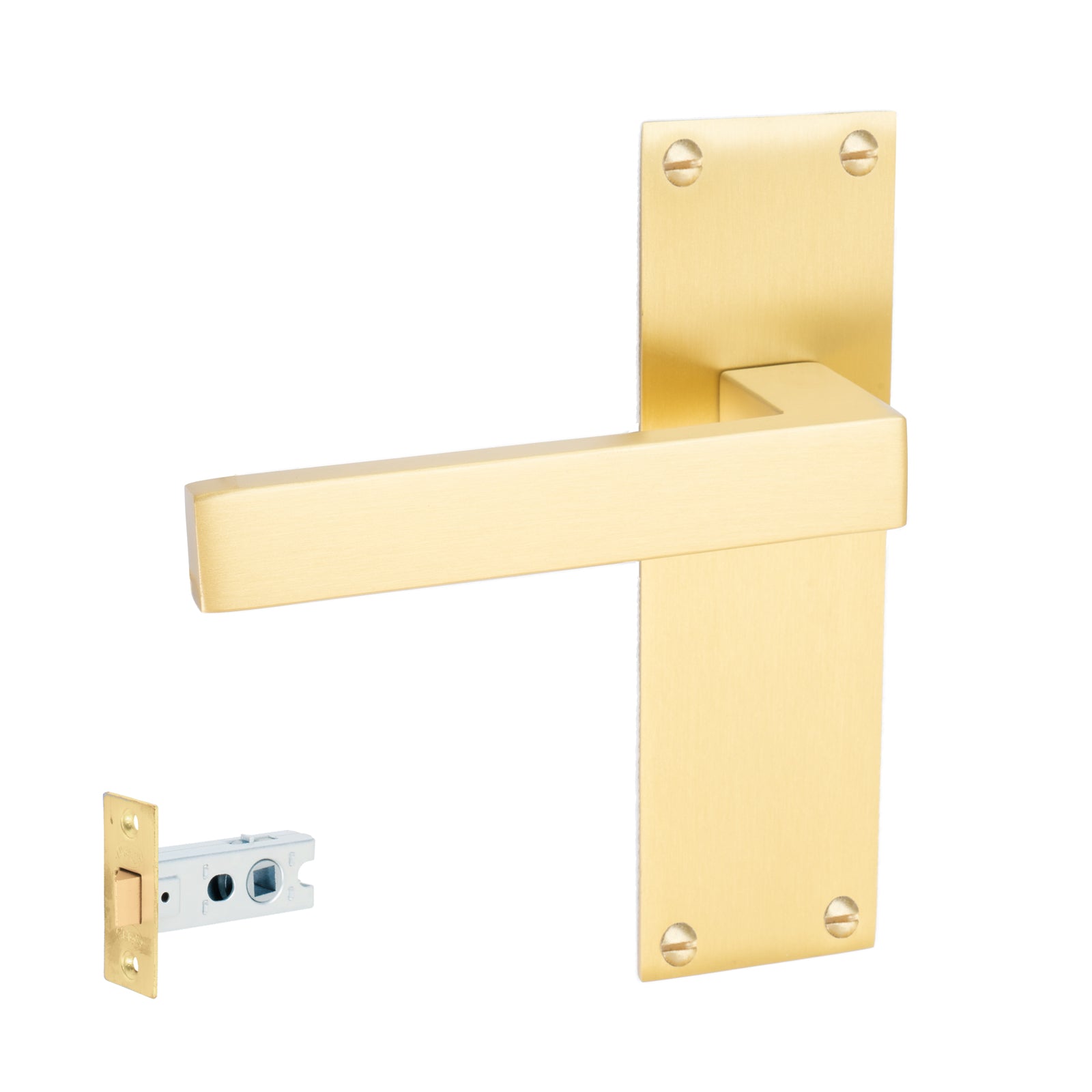 Metro Door Handles On Plate Latch Handle Set in Satin Brass