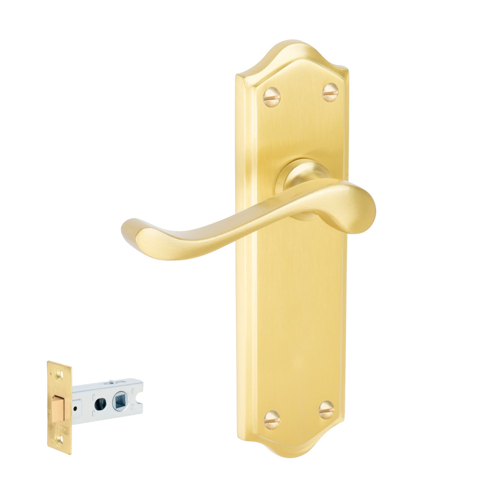 Buckingham Door Handles On Plate Latch Handle Set in Satin Brass