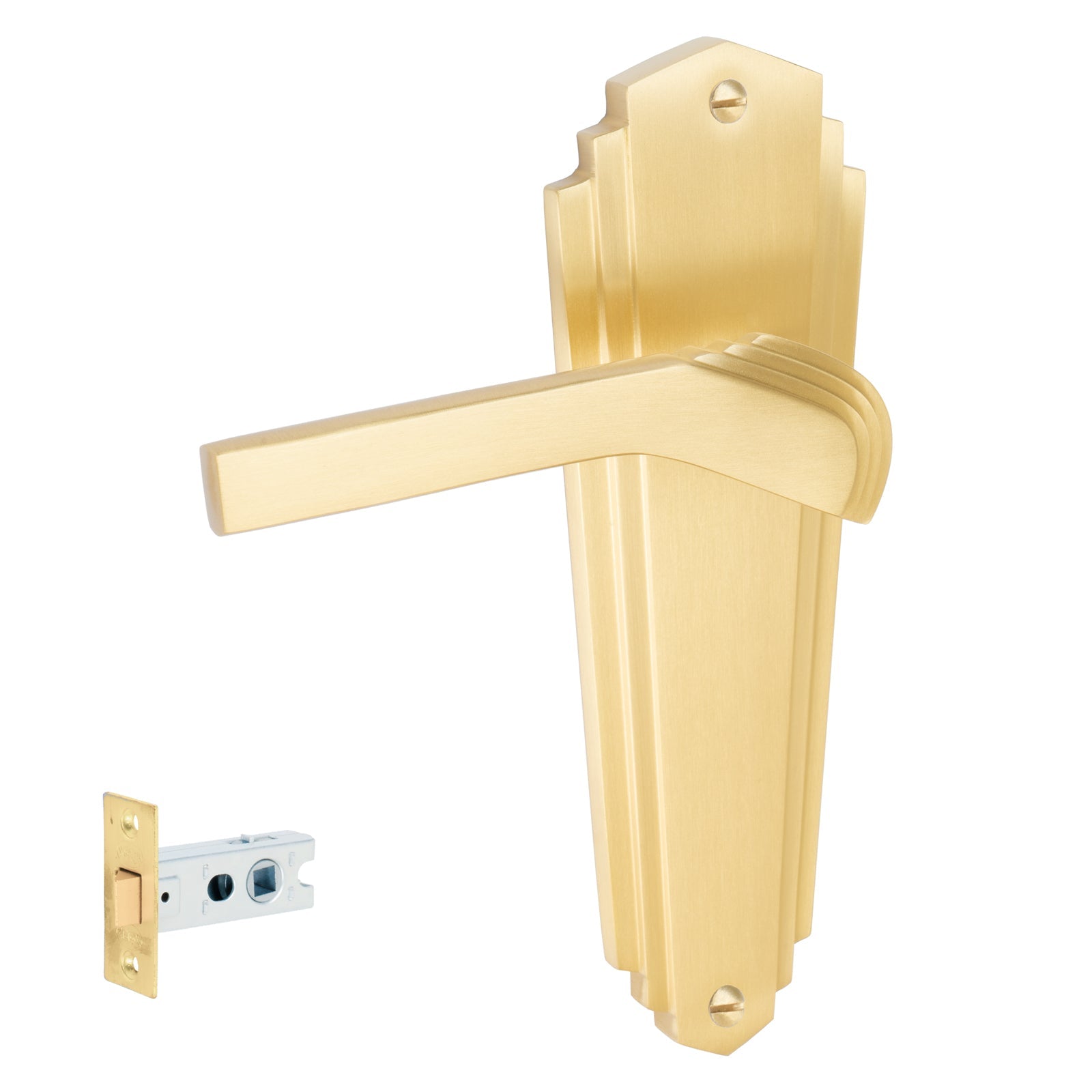 Waldorf Door Handles On Plate Latch Handle Set in Satin Brass