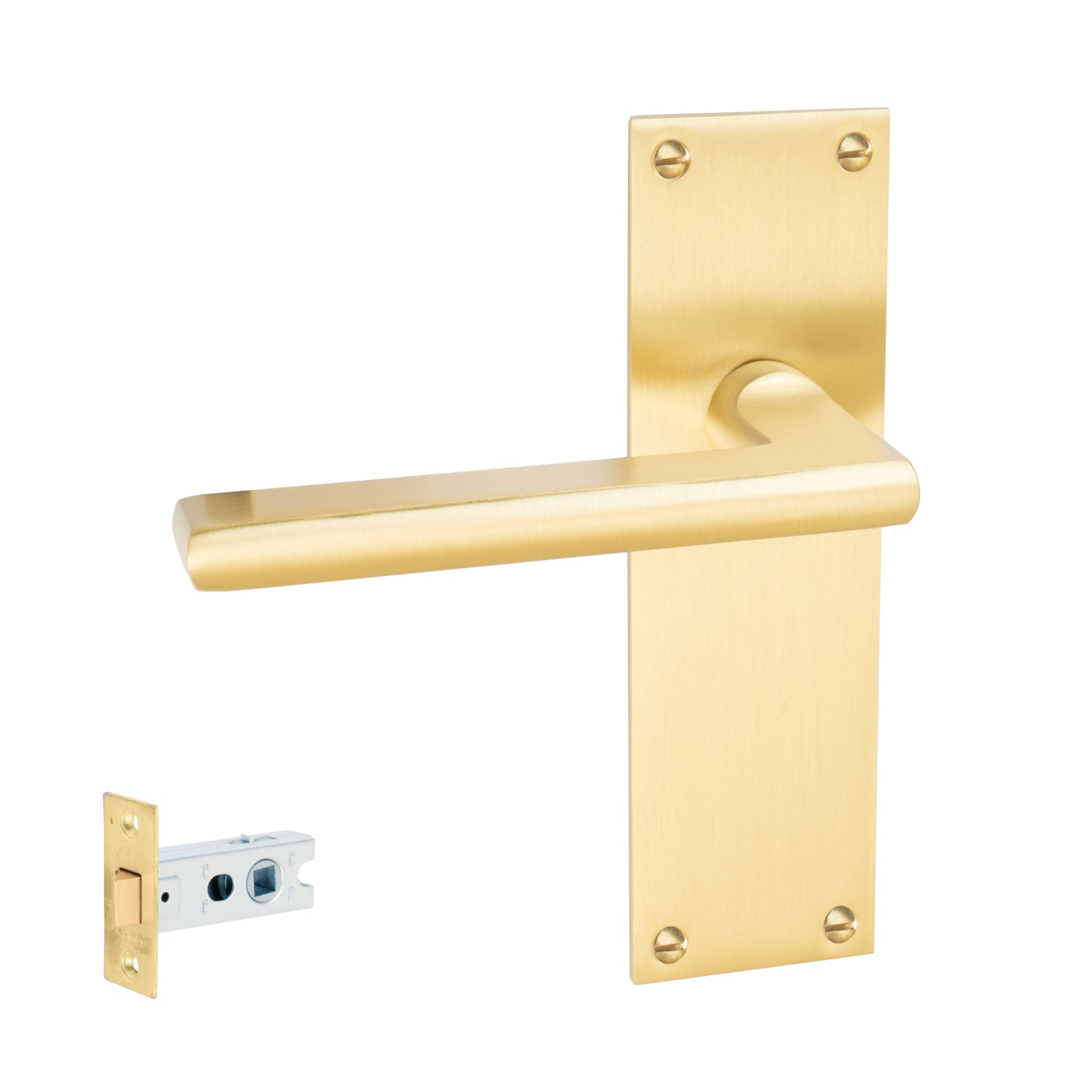 Trident Door Handles On Plate Latch Handle Set in Satin Brass