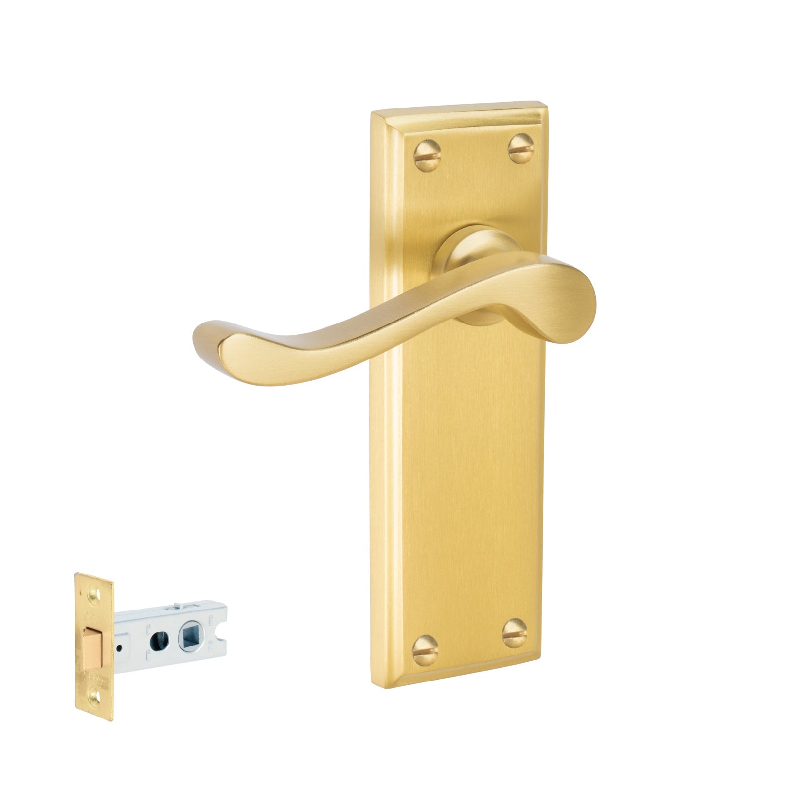 Edwardian Door Handles On Plate Latch Handle Set in Satin Brass