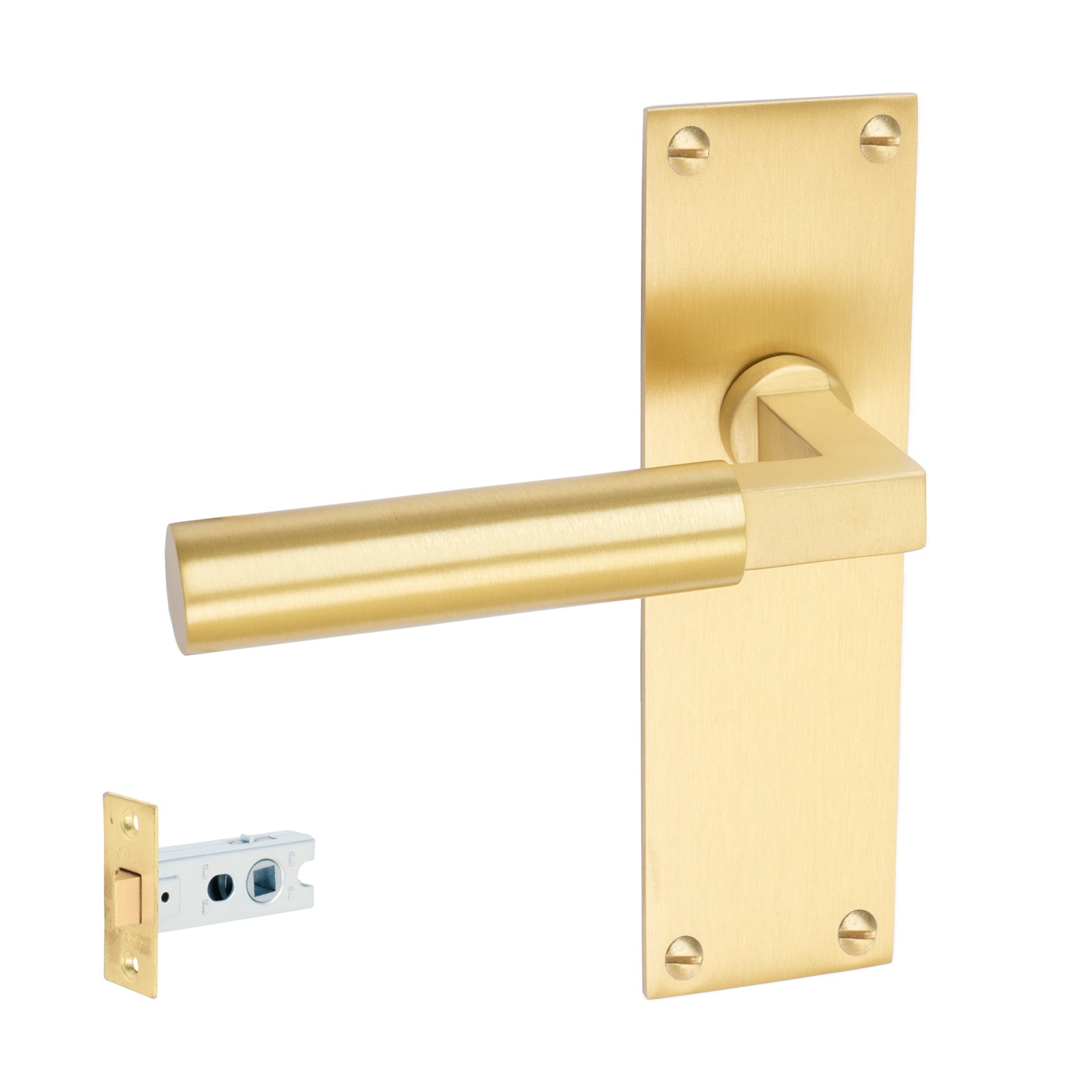 Bauhaus Door Handles On Plate Latch Handle Set in Satin Brass