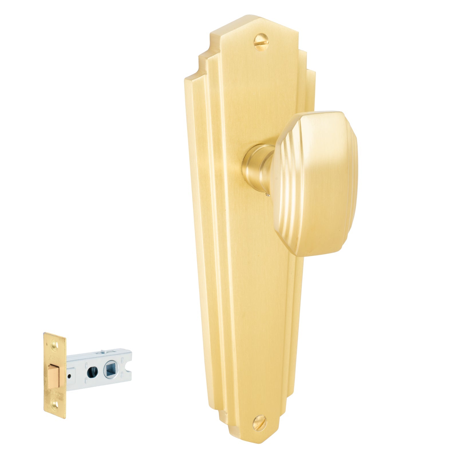 Charlston Door Handles On Plate Latch Handle Set in Satin Brass