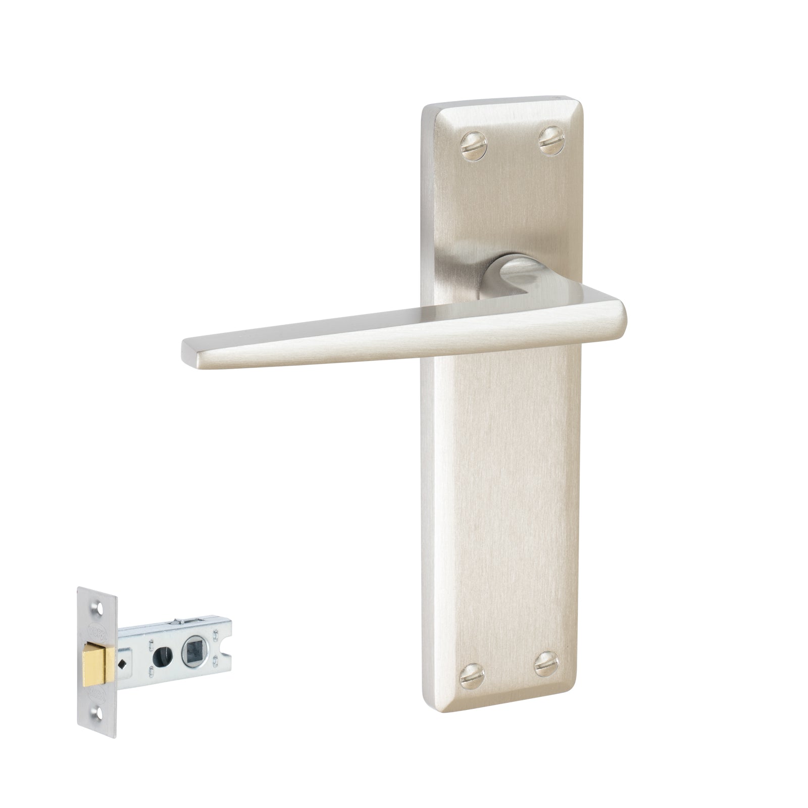 Kendal Door Handles On Plate Latch Handle Set in Satin Nickel