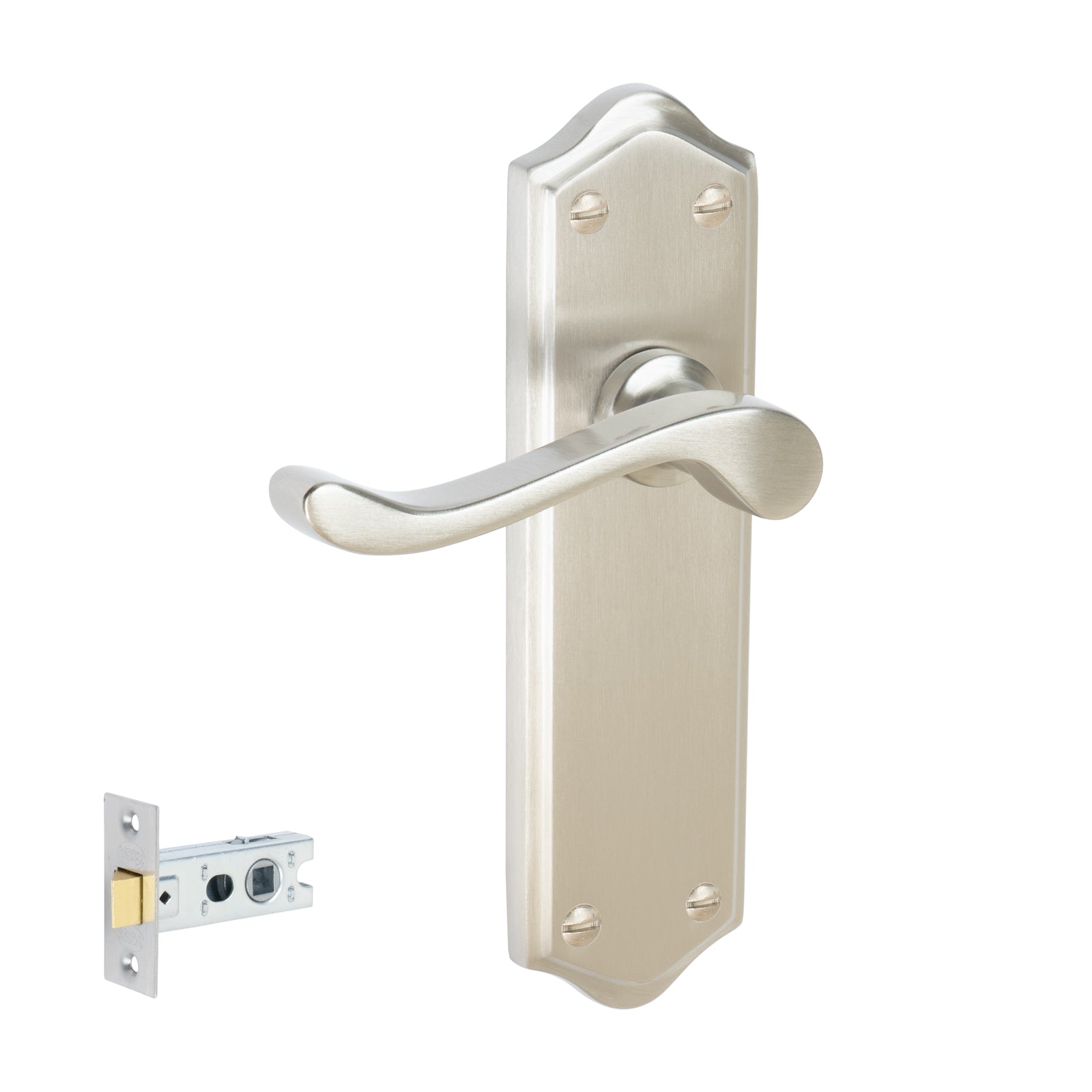 Buckingham Door Handles On Plate Latch Handle Set in Satin Nickel