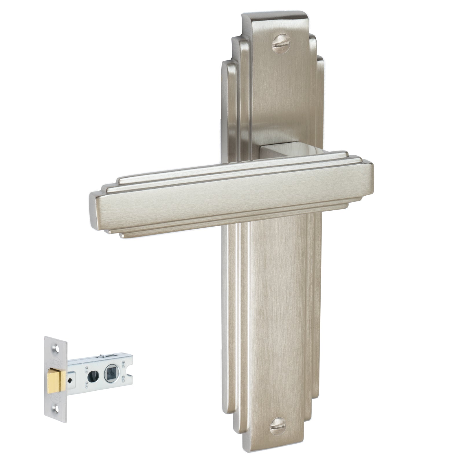 Astoria Door Handles On Plate Latch Handle Set in Satin Nickel