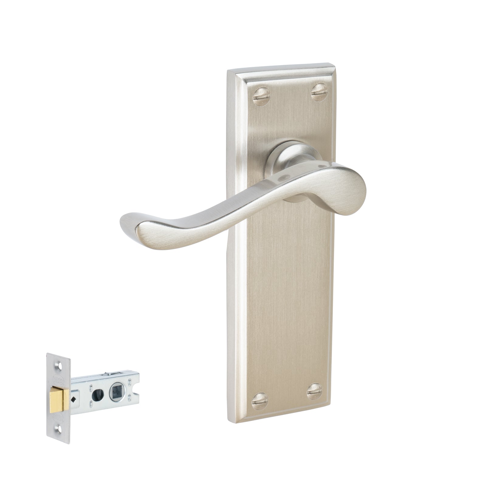 Edwardian Door Handles On Plate Latch Handle Set in Satin Nickel