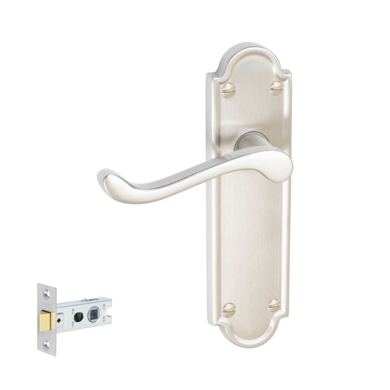 Meridian Door Handles On Plate Latch Handle Set in Satin Nickel