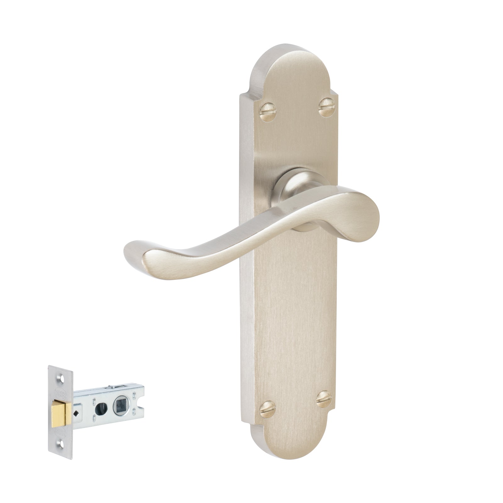 Savoy Door Handles On Plate Latch Handle Set in Satin Nickel