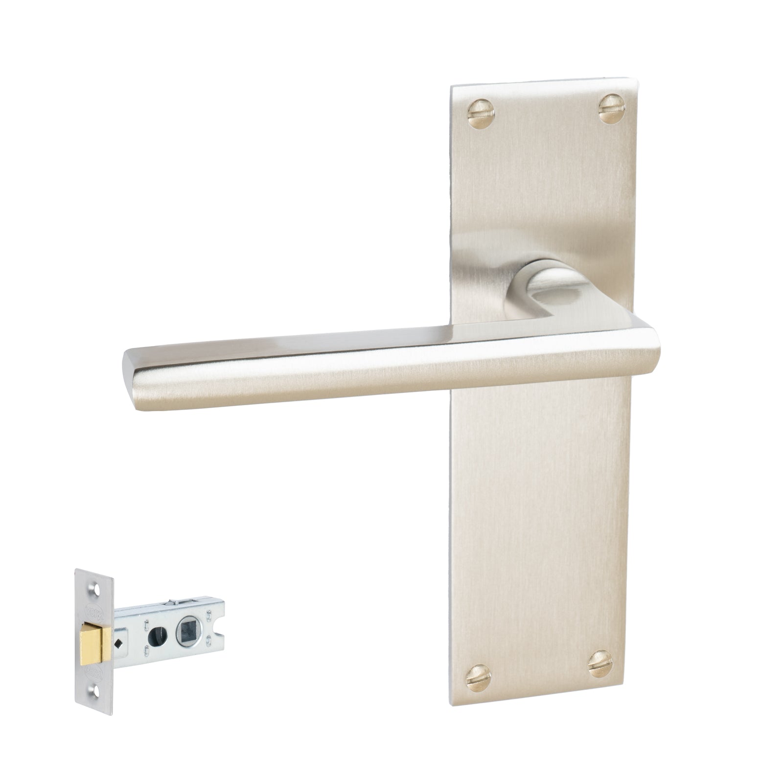 Trident Door Handles On Plate Latch Handle Set in Satin Nickel