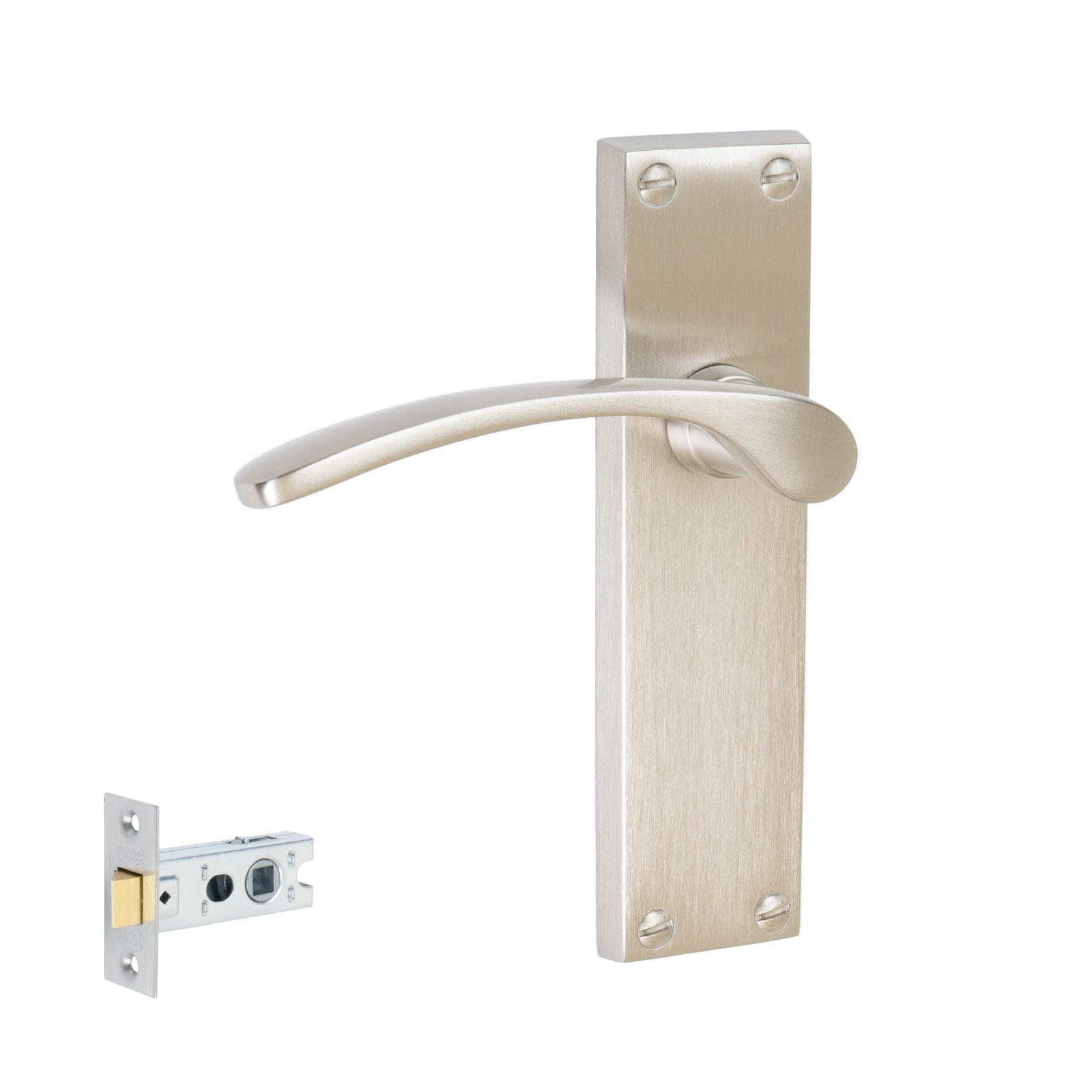 Sophia Door Handles On Plate Latch Handle Set in Satin Nickel