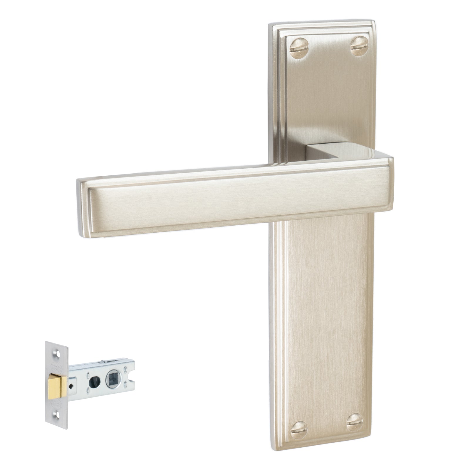 Atlantis Door Handles On Plate Latch Handle Set in Satin Nickel