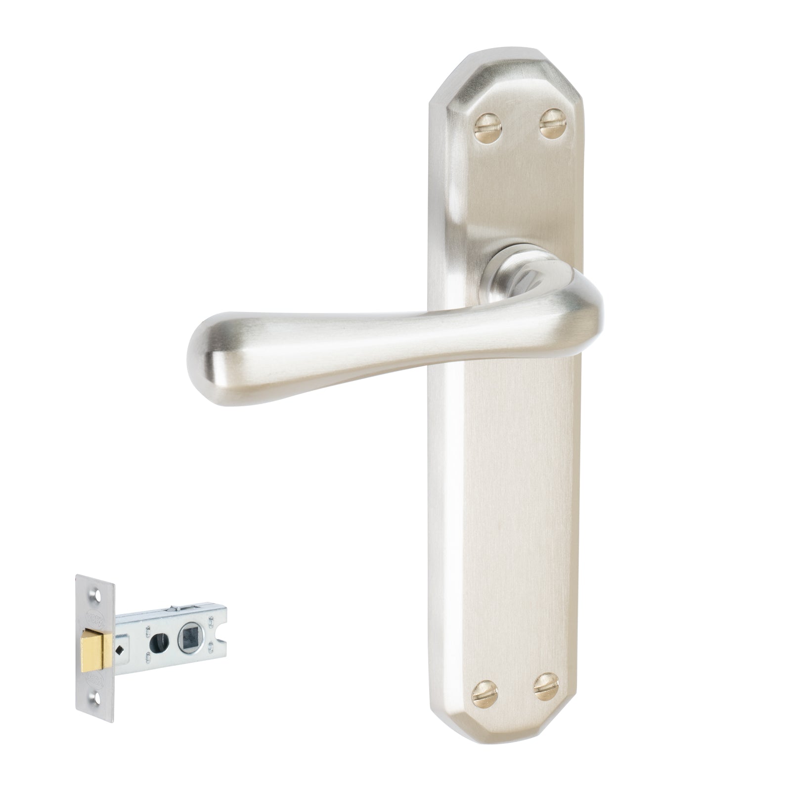 Charlbury Door Handles On Plate Latch Handle Set in Satin Nickel