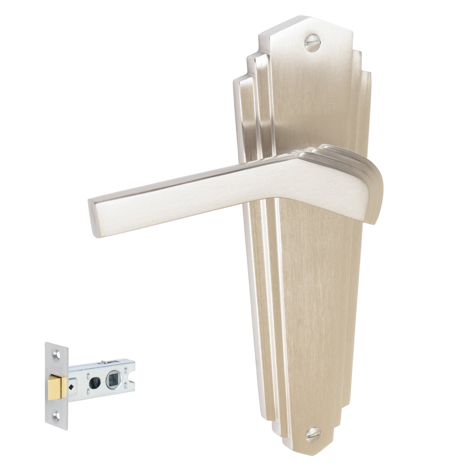 Waldorf Door Handles On Plate Latch Handle Set in Satin Nickel