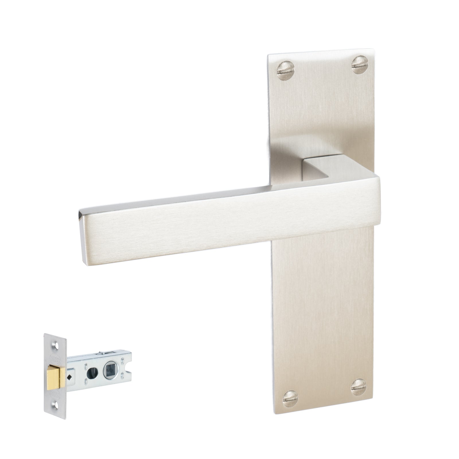 Metro Door Handles On Plate Latch Handle Set in Satin Nickel