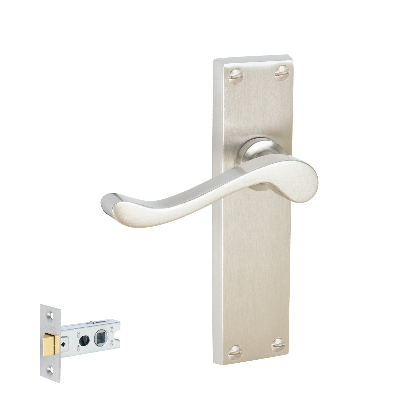 Bedford Door Handles On Plate Latch Handle Set in Satin Nickel