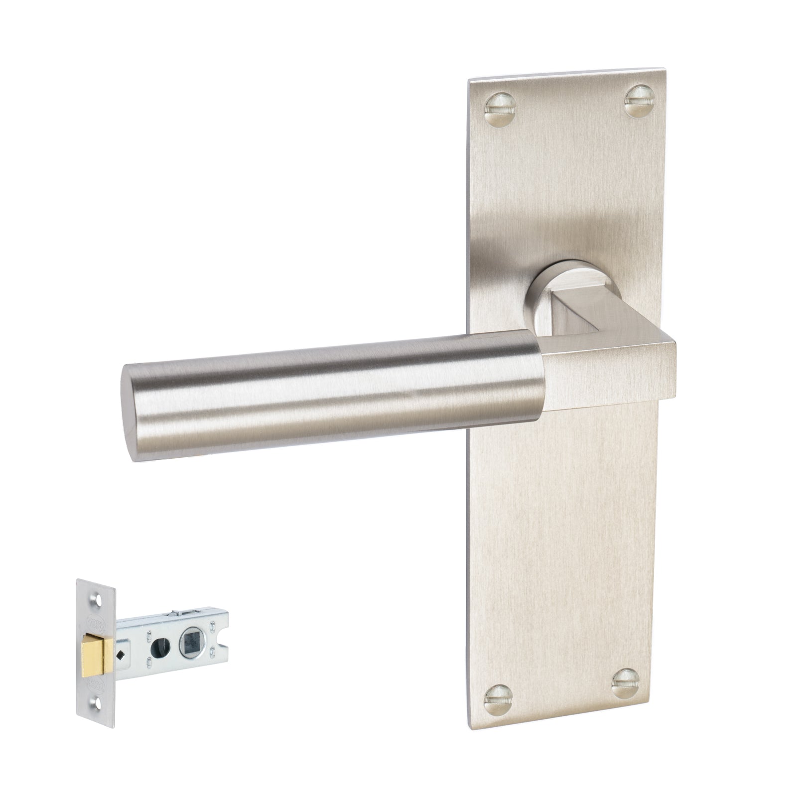 Bauhaus Door Handles On Plate Latch Handle Set in Satin Nickel