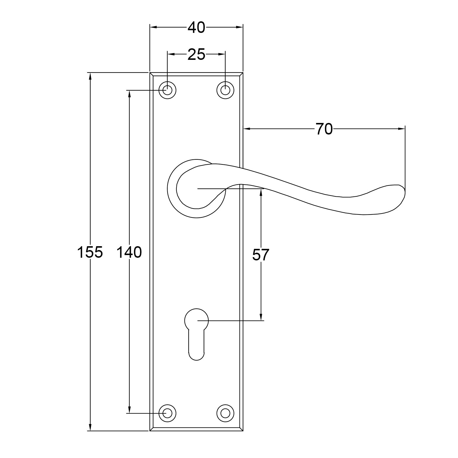 Bedford Door Handles on Backplate Dimension Drawing SHOW