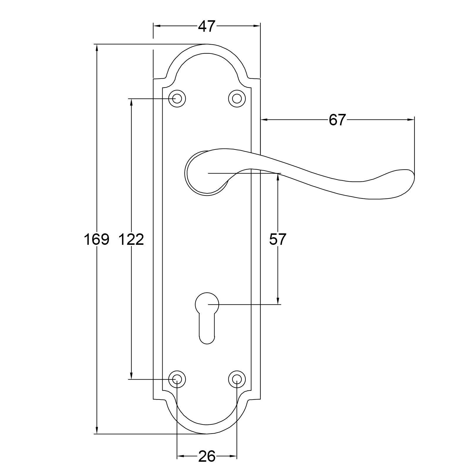 Meridian Door Handles on Backplate Dimension Drawing SHOW