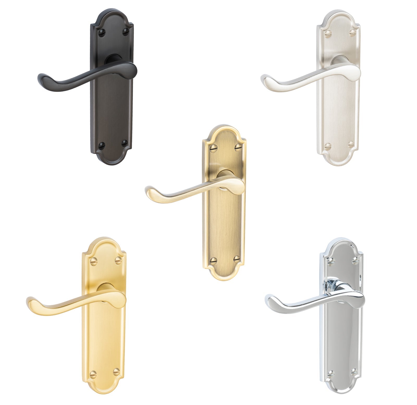 Meridian Door Handles On Plate Latch Handle in Matt Bronze, Satin Nickel, Polished Chrome, Satin Brass and Aged Brass.