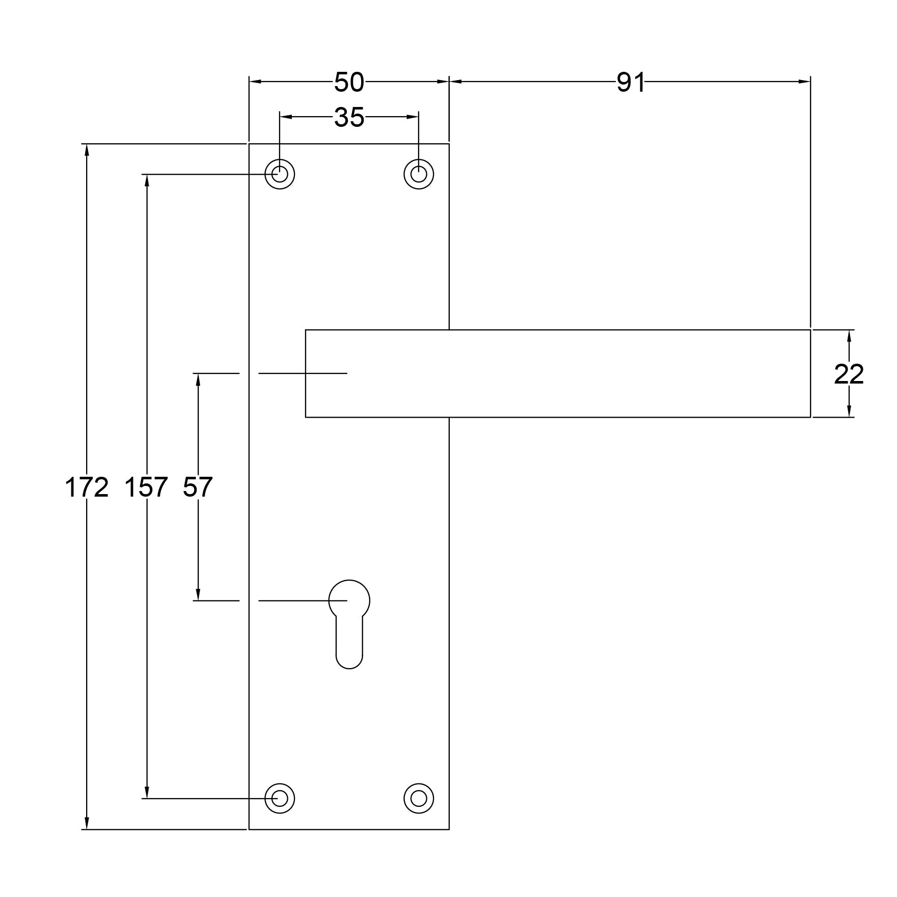 Metro Low Profile Door Handles on Backplate Dimension Drawing SHOW